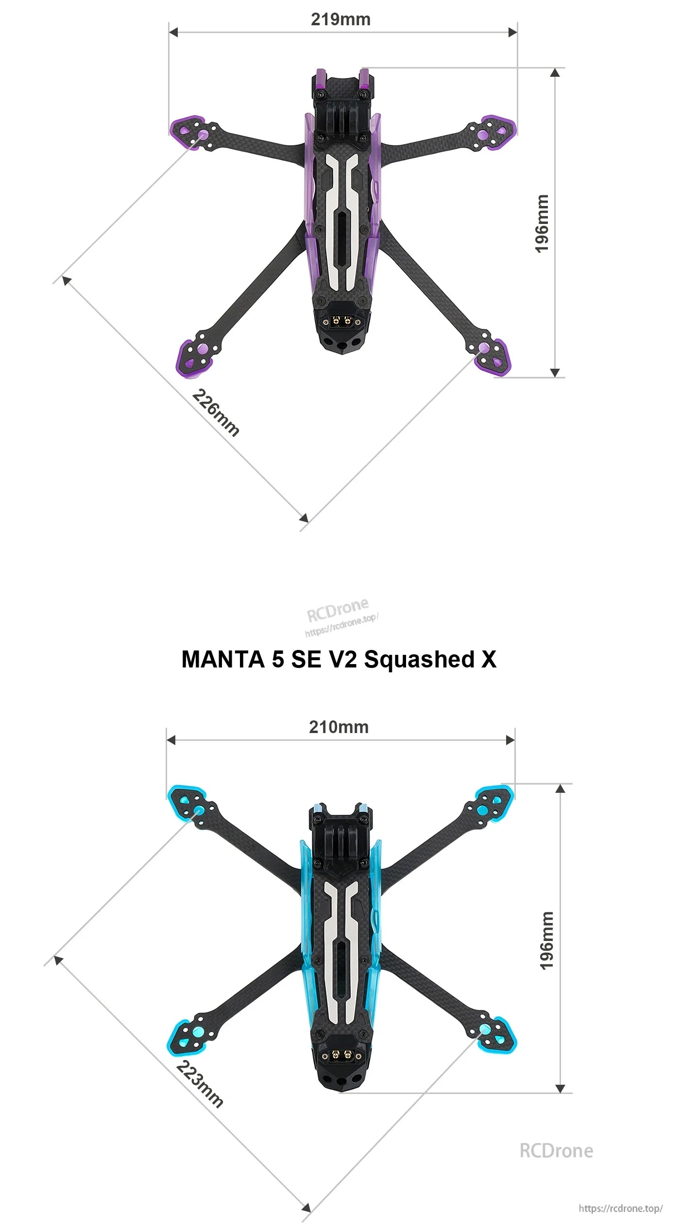 Axisflying MANTA 5 SE V2 Frame Kit (DC Squashed X), Axisflying MANTA 5 SE V2 Squashed X drone frame top view with carbon arms and 219mm x 196mm dimensions