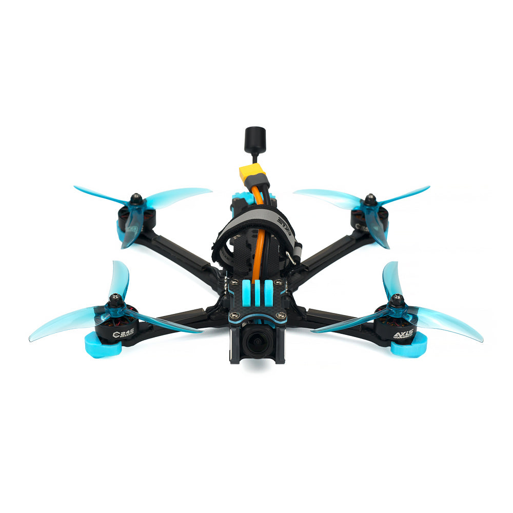 Axisflying MANTA5 5-Inch DeadCat-DC FPV, Axisflying MANTA5 5-inch DeadCat FPV quadcopter with blue props, front camera mount, and top battery strap