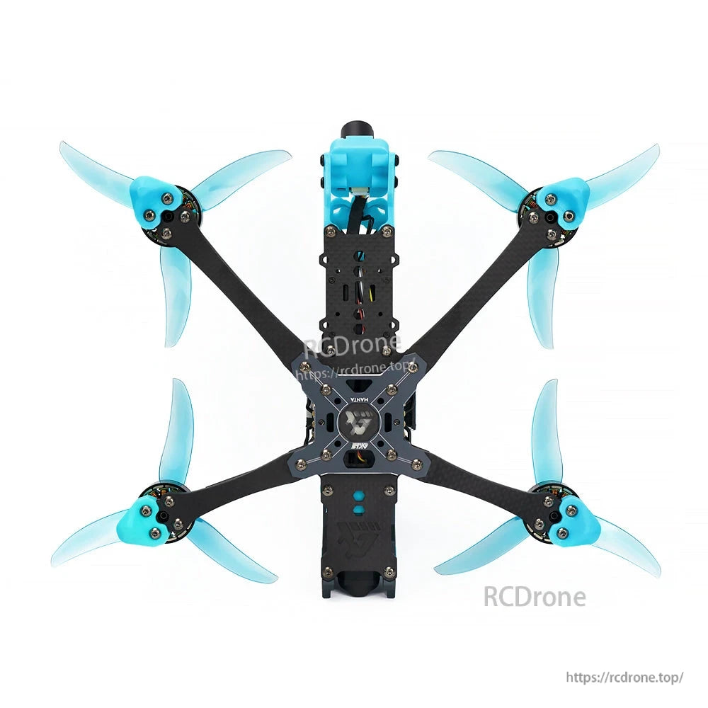 Axisflying MANTA5 5-Inch DeadCat-DC FPV, Top-down view of Axisflying MANTA5 5-inch DeadCat FPV quadcopter with blue propellers and carbon frame