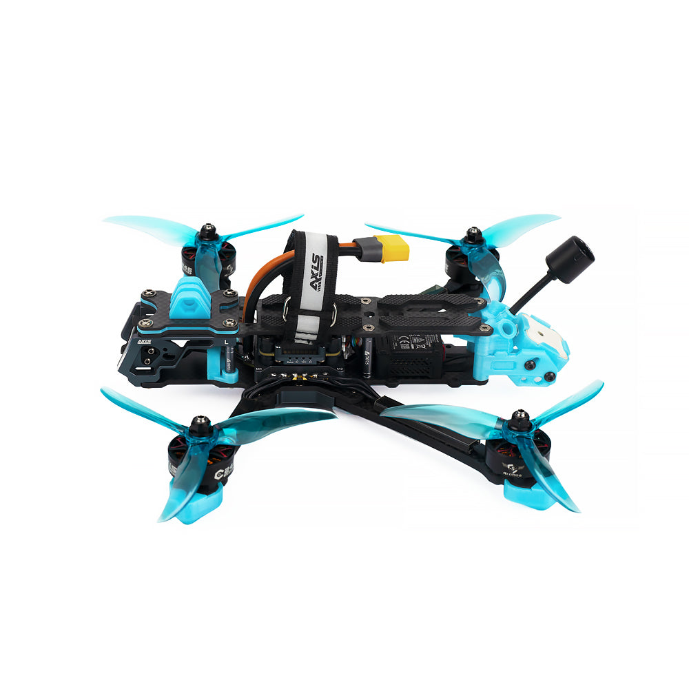 Axisflying MANTA5 5-Inch DeadCat-DC FPV, Axisflying MANTA5 5-inch DeadCat FPV quadcopter with blue propellers, top battery strap, and XT60 lead