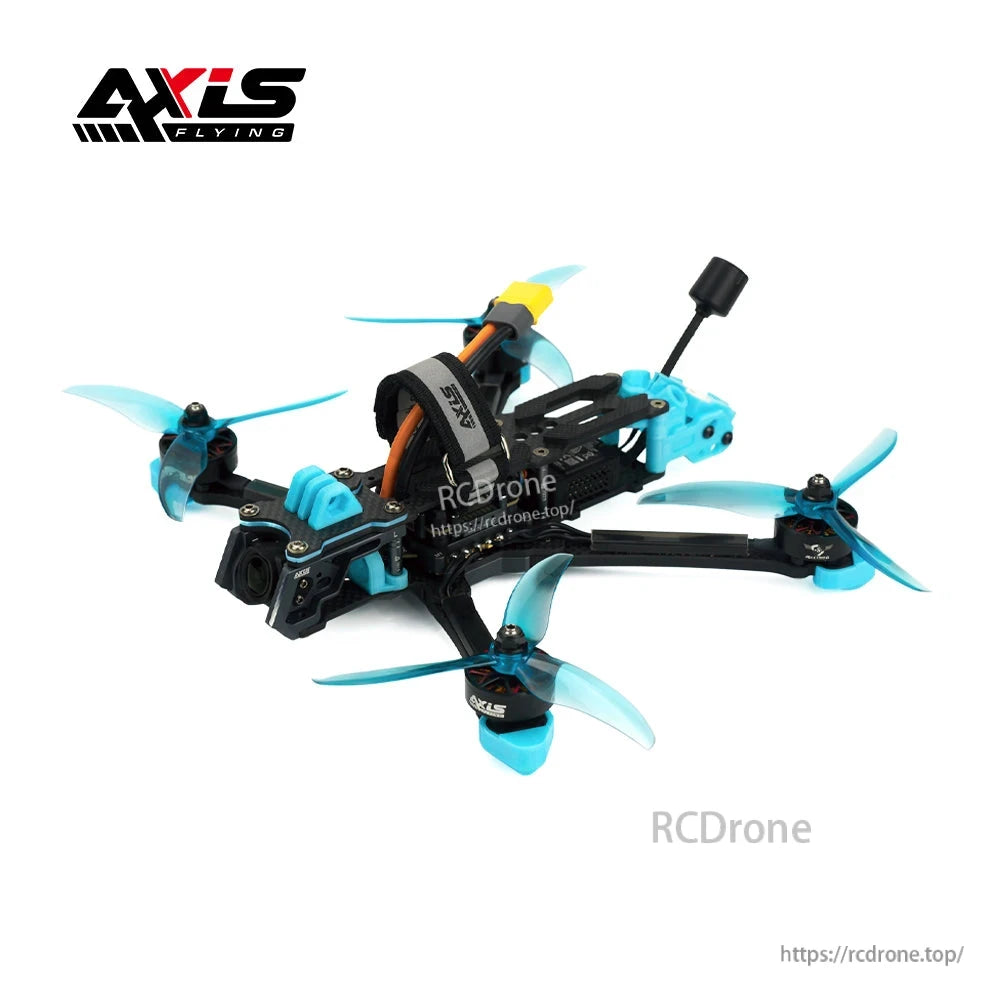 Axisflying MANTA5 5-inch DeadCat-DC FPV drone with carbon frame, blue tri-blade props, FPV camera and antenna