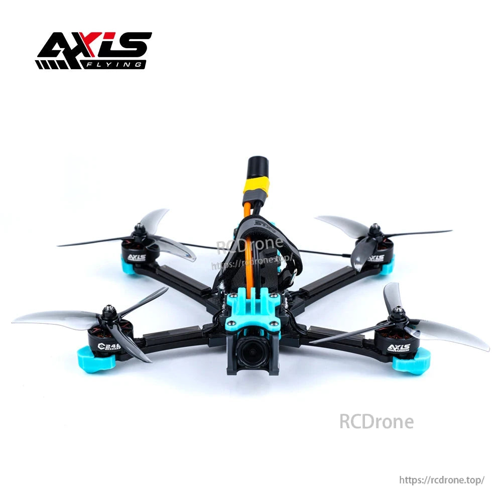 Axisflying MANTA5 DeadCat-DC 5-inch FPV freestyle frame layout with front camera mount and teal TPU parts