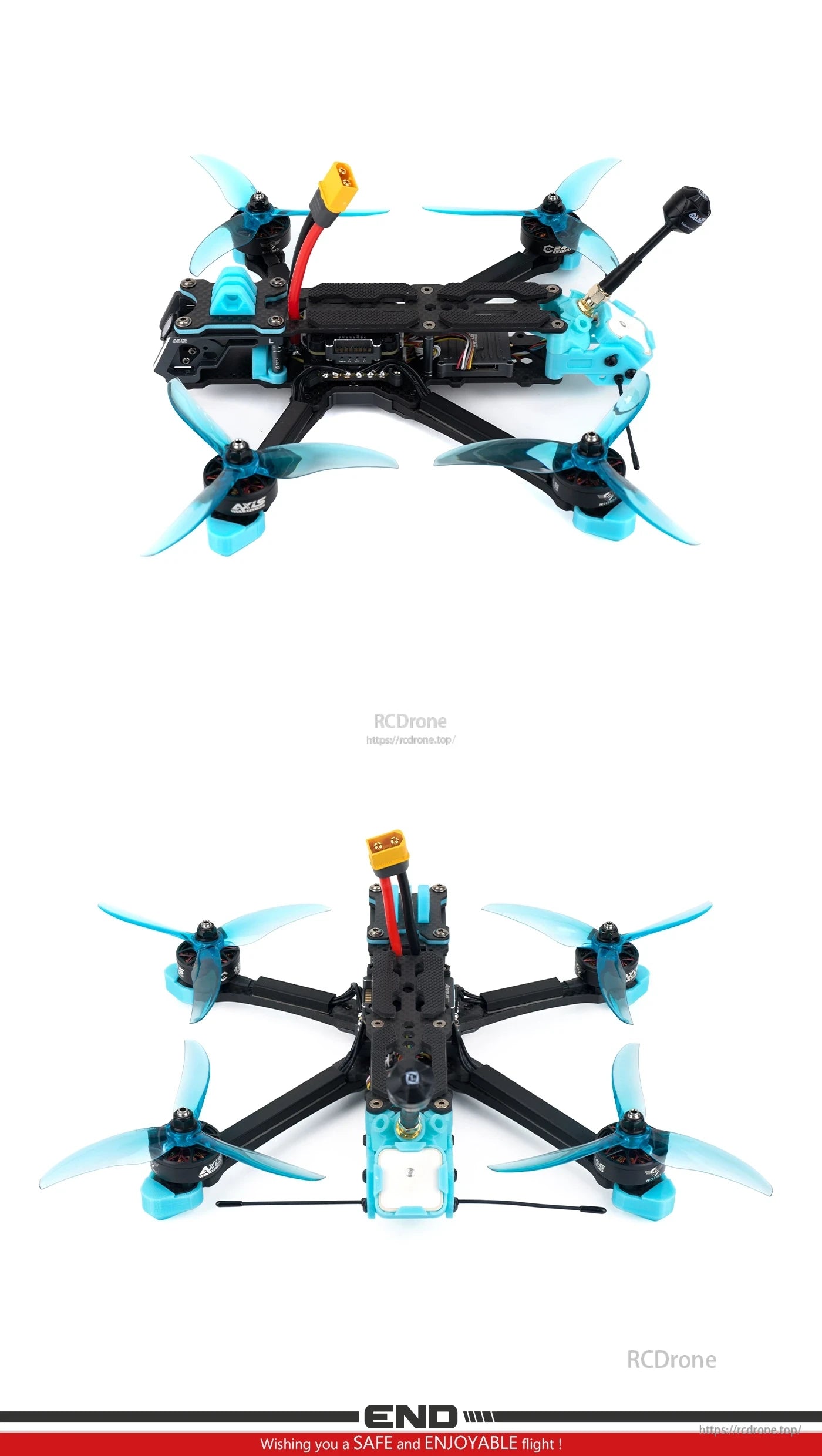 Axisflying MANTA5 DeadCat-DC 5-inch FPV quad frame in carbon fiber, top and bottom views with blue props