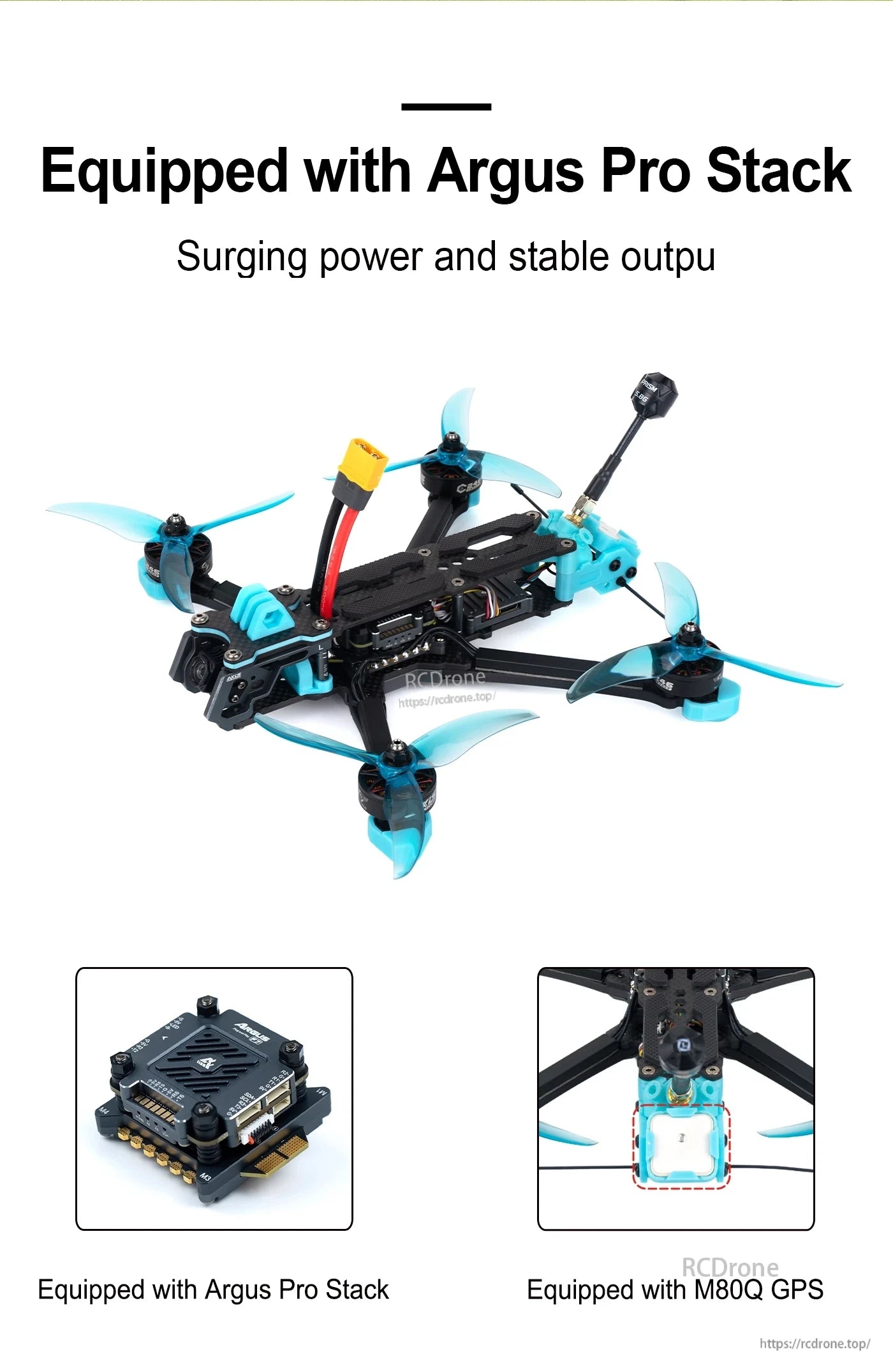 5-inch FPV quad on a carbon DeadCat-style frame with blue props, front camera mount, and GPS antenna
