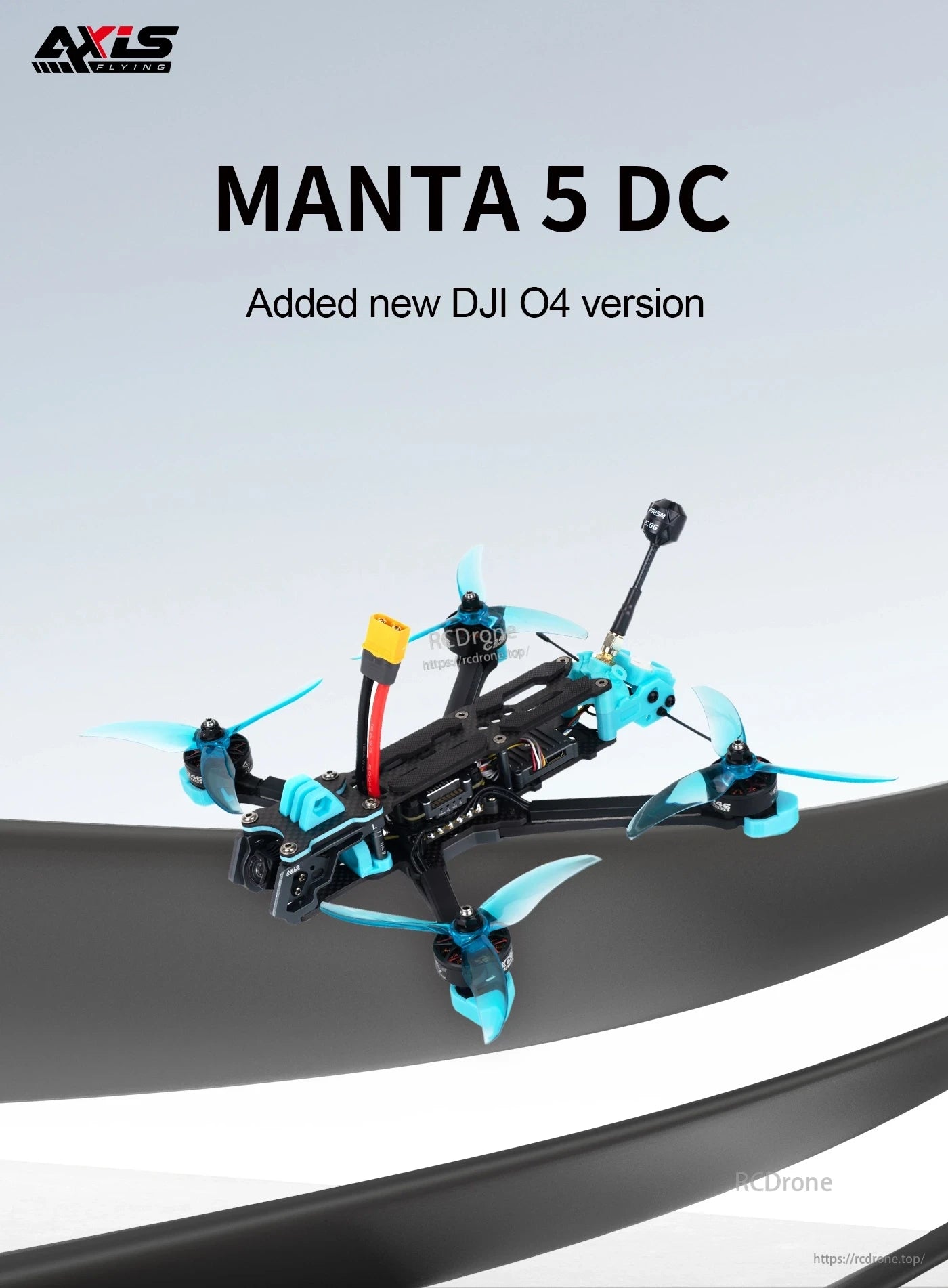 Axisflying MANTA 5 DC DeadCat 5-inch FPV frame build with blue prop guards, camera mount, and rear antenna