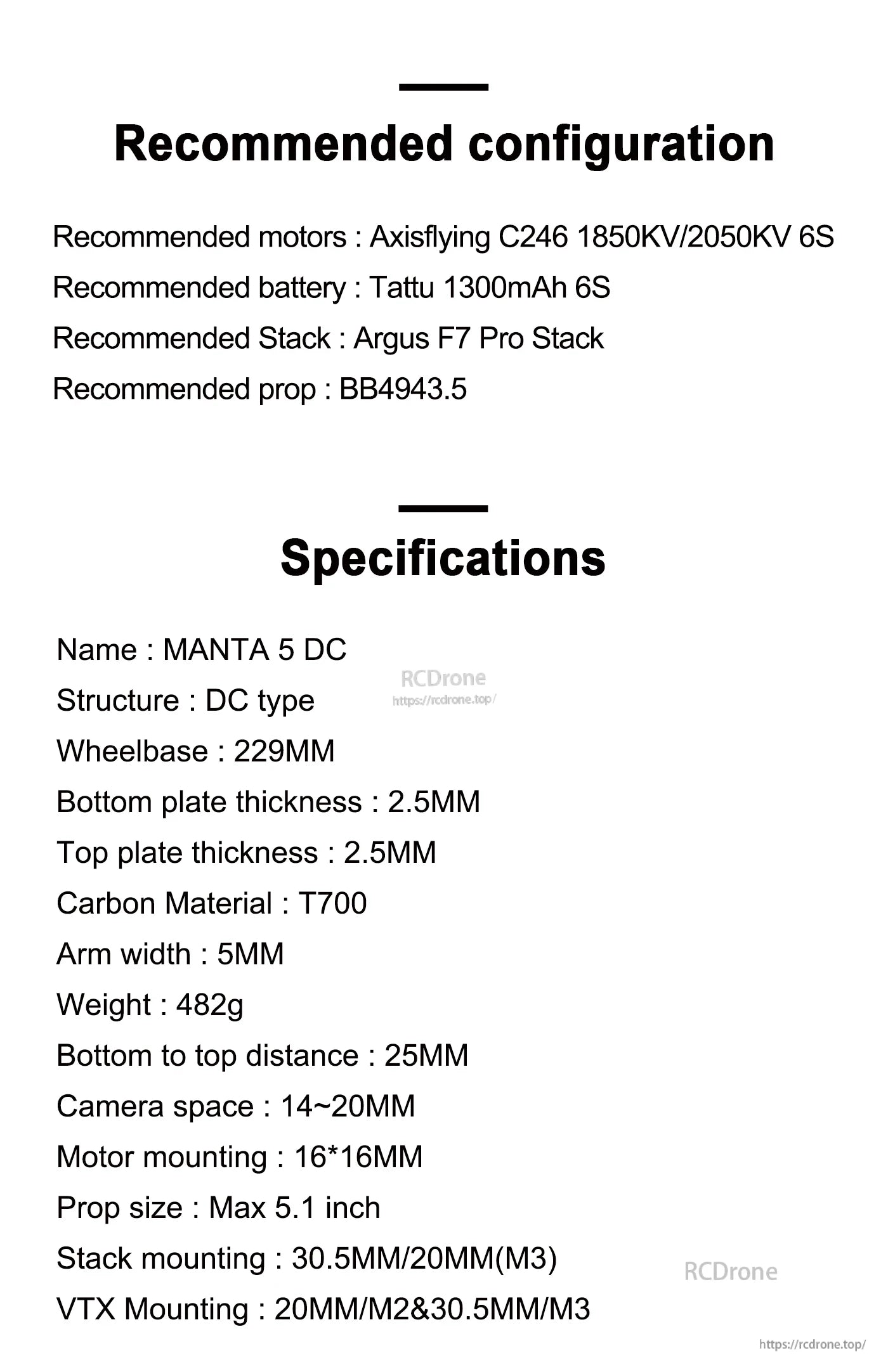 Axisflying MANTA 5 DC DeadCat 5-inch FPV frame specs and recommended setup list, including 229mm wheelbase
