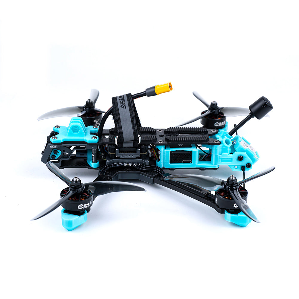 Axisflying MANTA5 DeadCat 5-inch FPV freestyle frame build with top battery strap, XT60 lead, and blue TPU parts