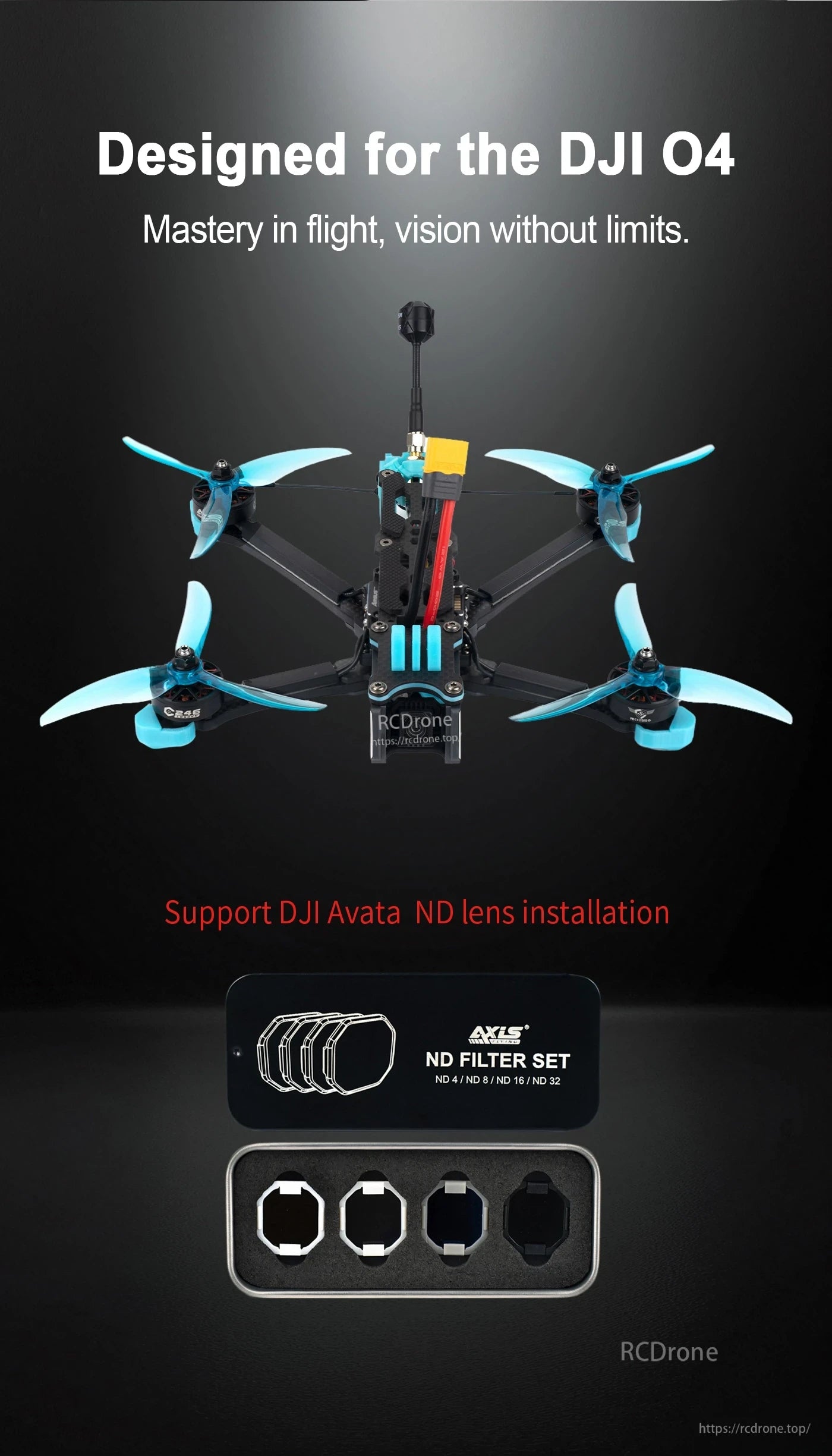 FPV freestyle quad frame with blue propellers, designed for DJI O4 camera and supporting Avata ND filters
