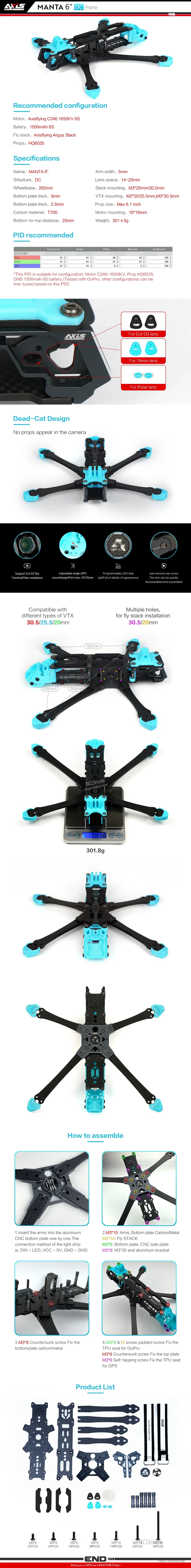 Axisflying MANTA6 6-Inch DeadCat-DC FPV Frame, Lightweight carbon fiber 6-inch FPV frame with VTX mount, lens support, assembly guide, and compatible parts for high-performance builds.