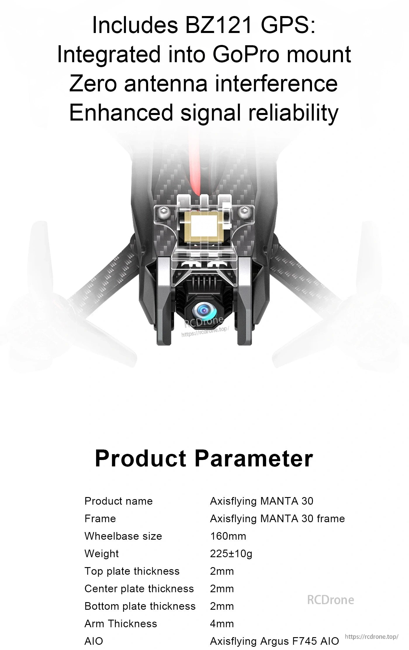 Axisflying Manta 30 FPV, MANTA 30 FPV drone features integrated BZ121 GPS, 160mm wheelbase, 225g weight, and 4mm arms for optimal performance, reliability, and compact design.