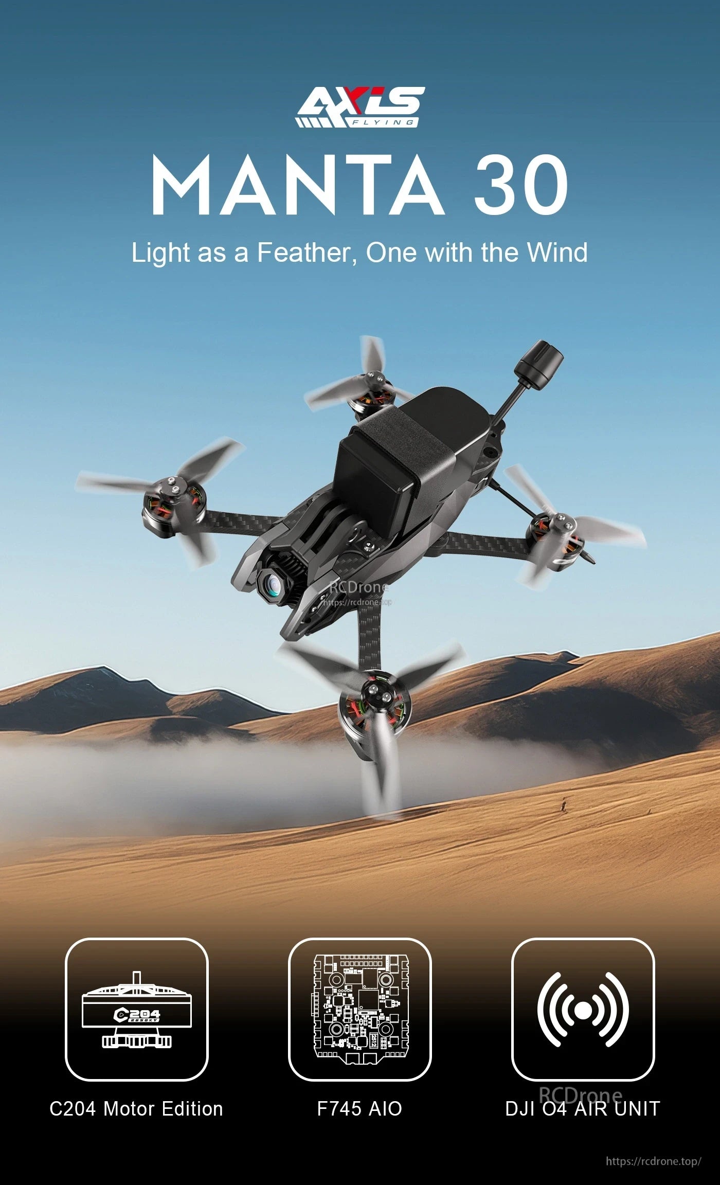 Axisflying Manta 30 FPV, The MANTA 30 FPV drone is lightweight and agile, powered by C204 motors, F745 AIO flight controller, and DJI O4 Air Unit for high-performance FPV flying.