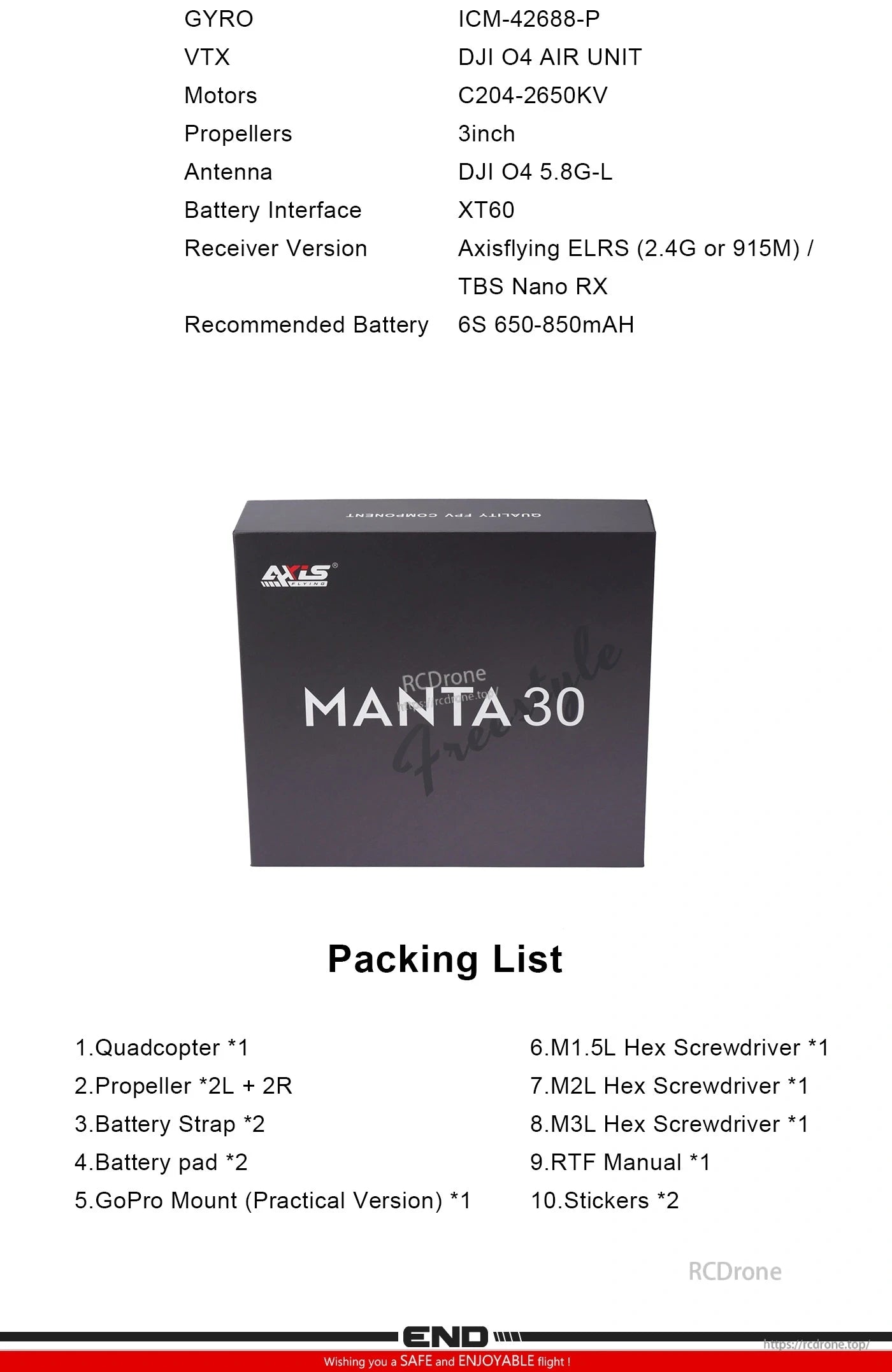 Axisflying Manta 30 FPV drone features advanced components like DJI O4, 6S battery support, and includes quadcopter, accessories, and tools in the package.