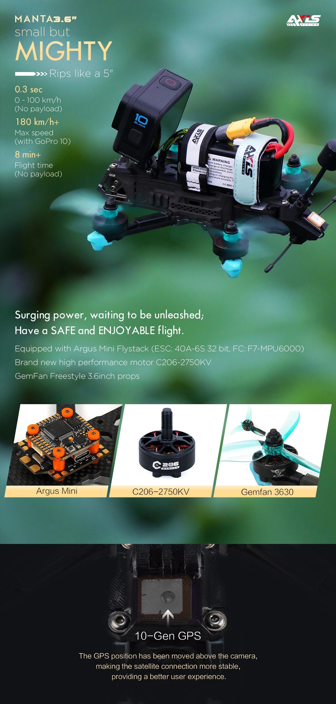 The Axisflying Manta 3.6 Inch FPV is small but mighty, reaching speeds of up to 100km/h.