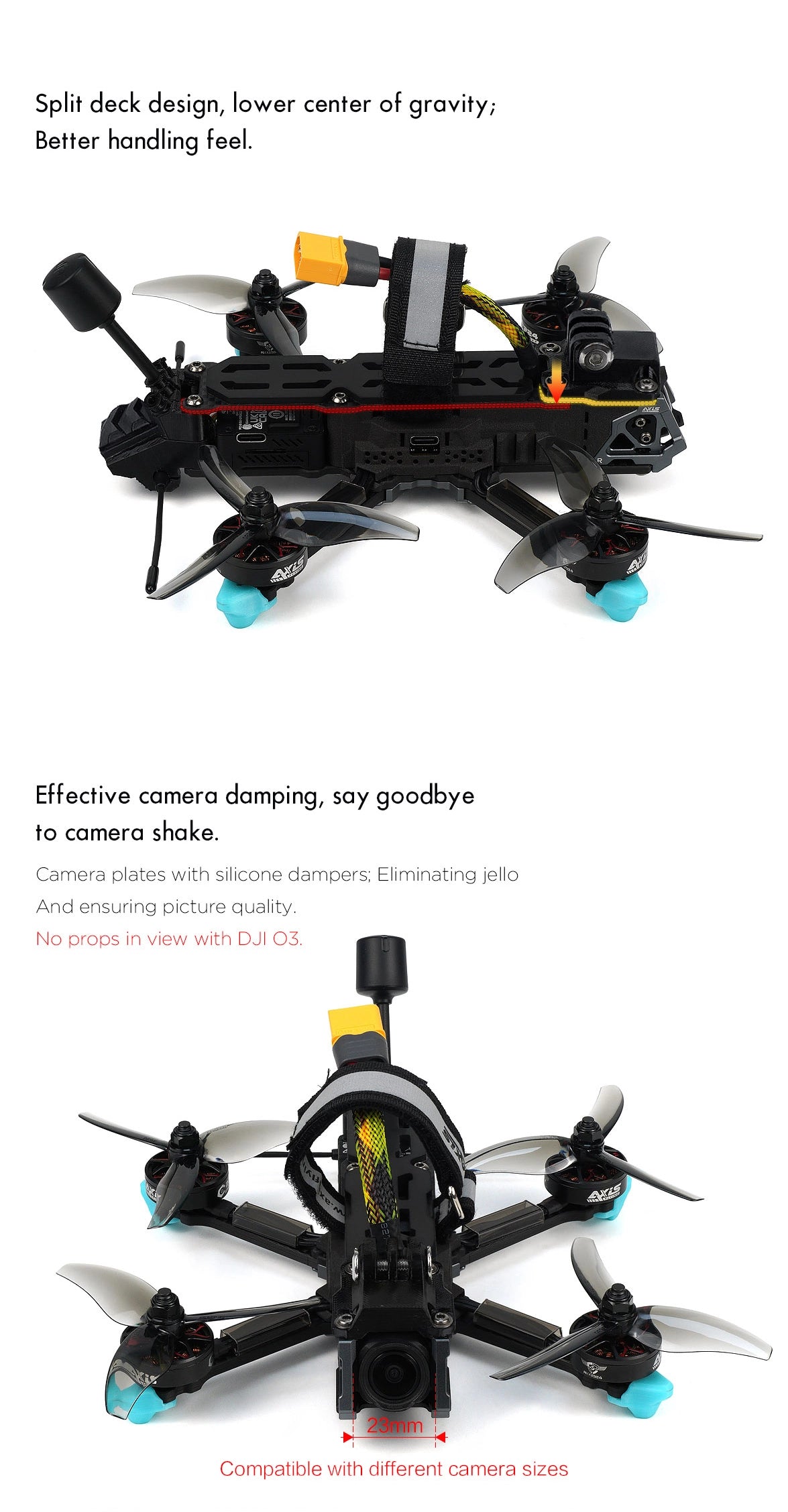 Axisflying Manta 3.6 Inch FPV, Optimizes center of gravity for better handling and stability, with effective camera damping and smooth video capture.