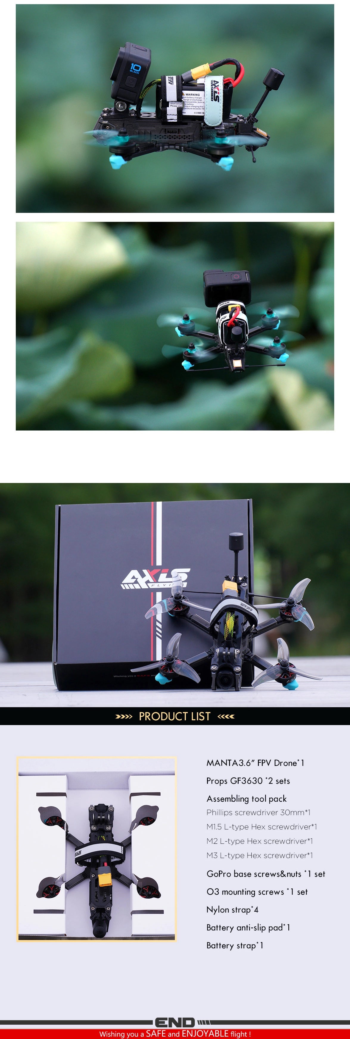 Axisflying Manta 3.6 Inch FPV drone product list includes various components for assembly.