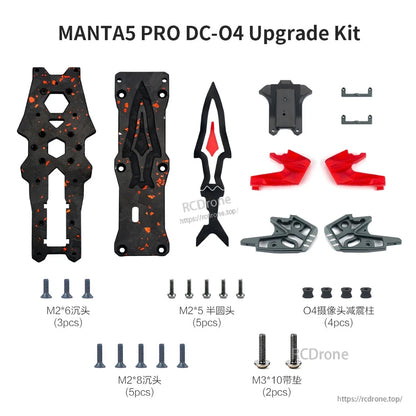 MANTA5 PRO DC-04 Upgrade Kit features carbon fiber plates, red-accented parts, brackets, screws, and dampers to enhance drone structure and performance.