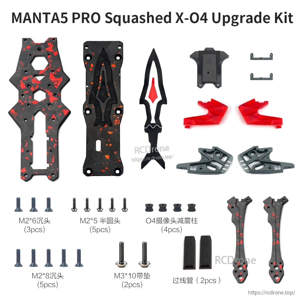 MANTA5 PRO X-04 Upgrade Kit features red-accented, precision-engineered parts for 5-inch drone assembly, including frame components, arms, screws, camera mounts, dampers, and wire channels.