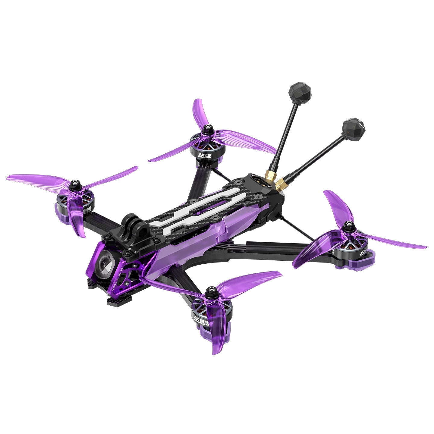 Axisflying Manta 5 SE V2 DeadCat-DC FPV, Axisflying Manta 5 SE V2 DeadCat FPV quadcopter with purple props, front camera, and dual antennas