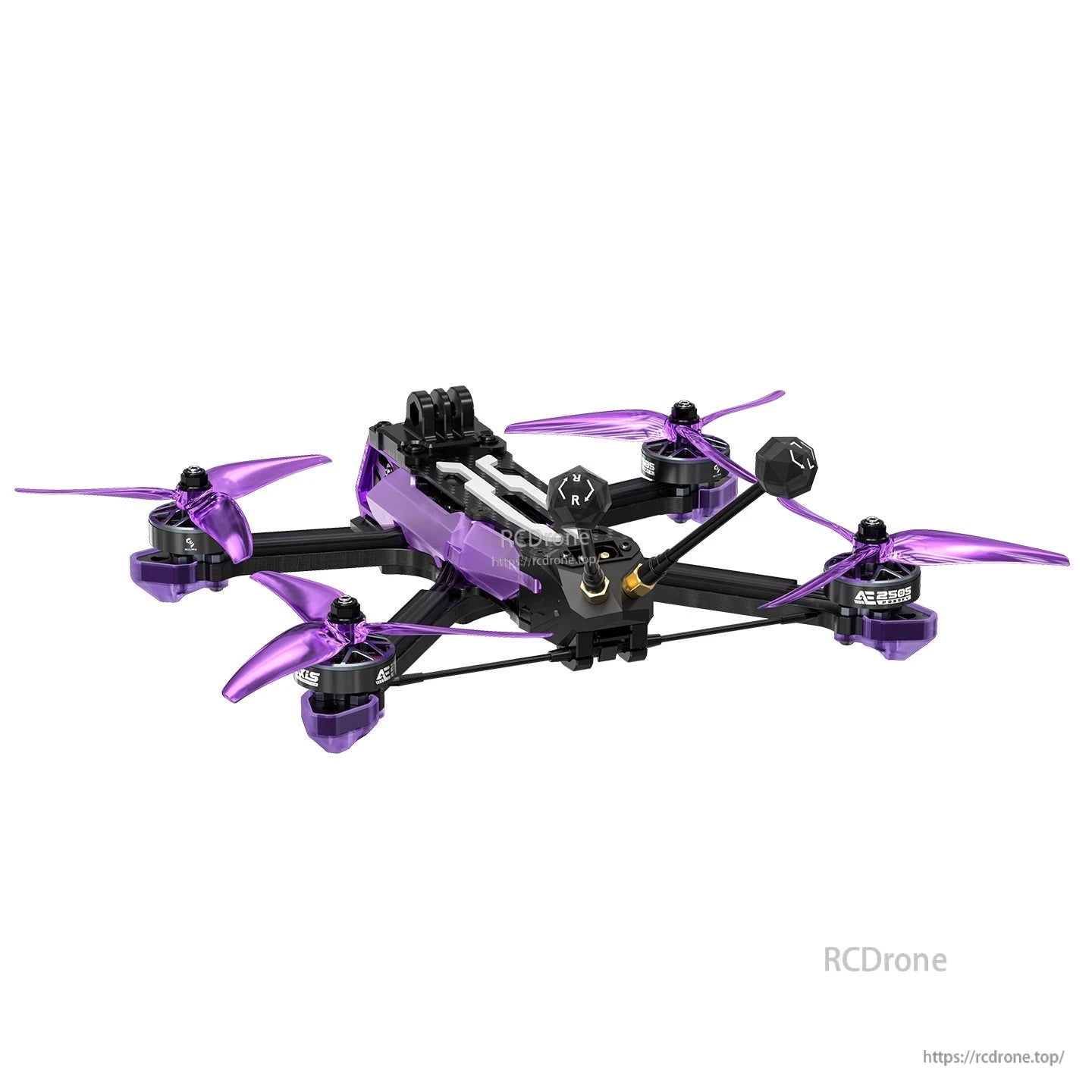 Axisflying Manta 5 SE V2 DeadCat-DC FPV, Axisflying Manta 5 SE V2 DeadCat FPV quadcopter with carbon frame, purple propellers, and top-mounted antenna