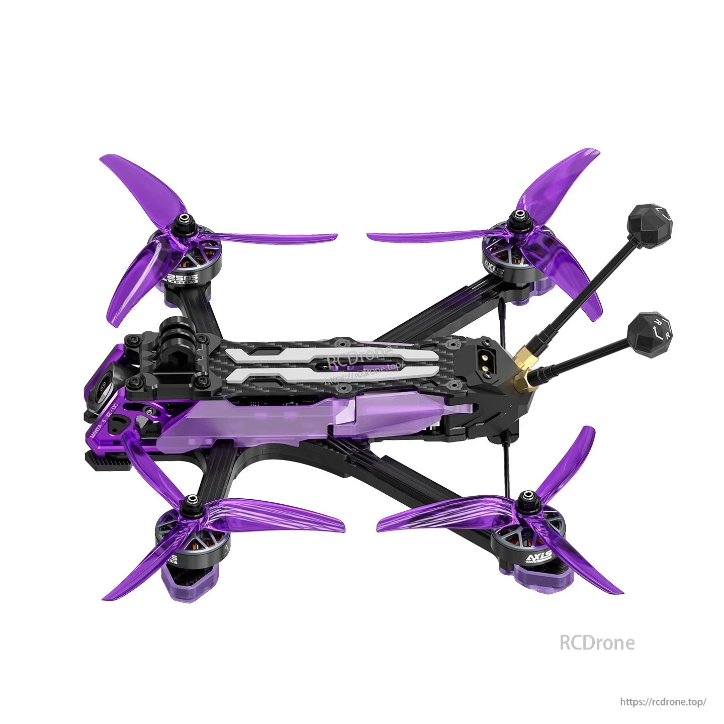 Axisflying Manta 5 SE V2 DeadCat-DC FPV, Axisflying Manta 5 SE V2 DeadCat FPV quadcopter with purple props, front camera mount, and dual rear antennas
