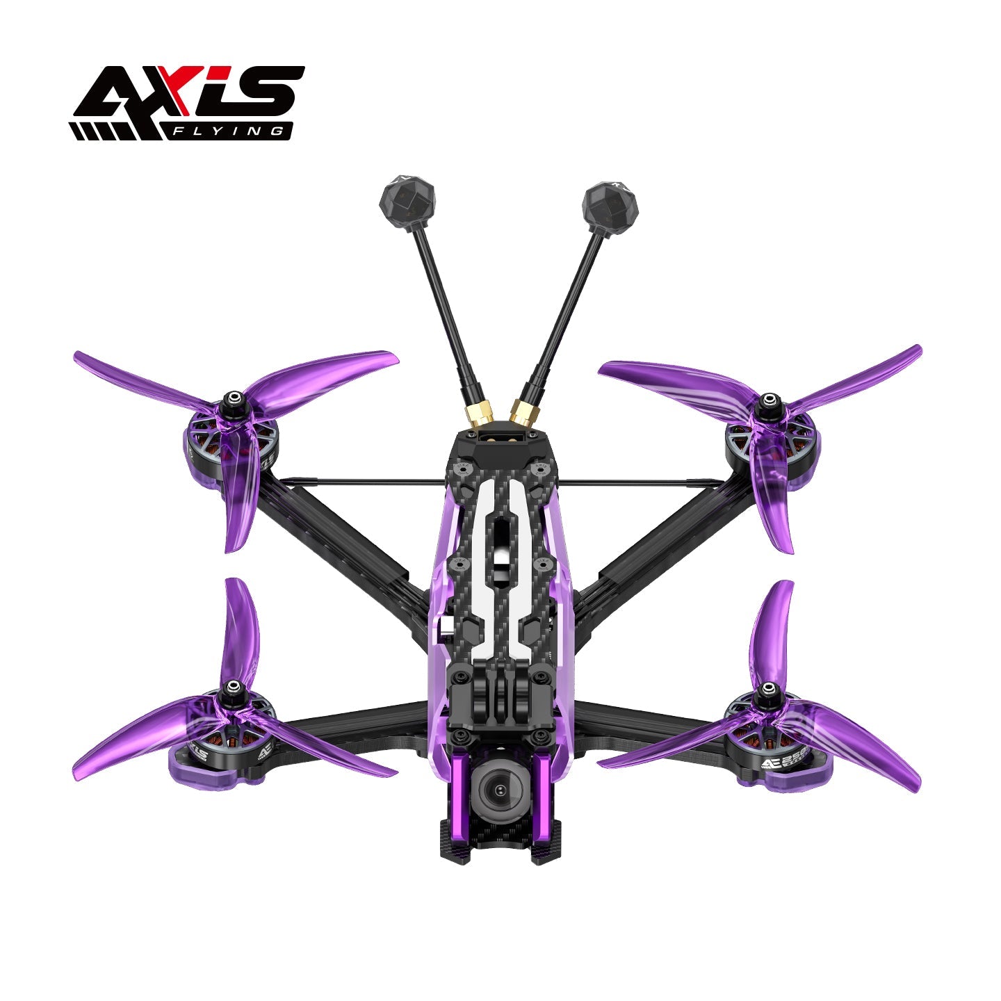 Axisflying Manta 5 SE V2 DeadCat-DC FPV, Axisflying Manta 5 SE V2 DeadCat FPV quadcopter with purple props, carbon frame, dual antennas and front camera