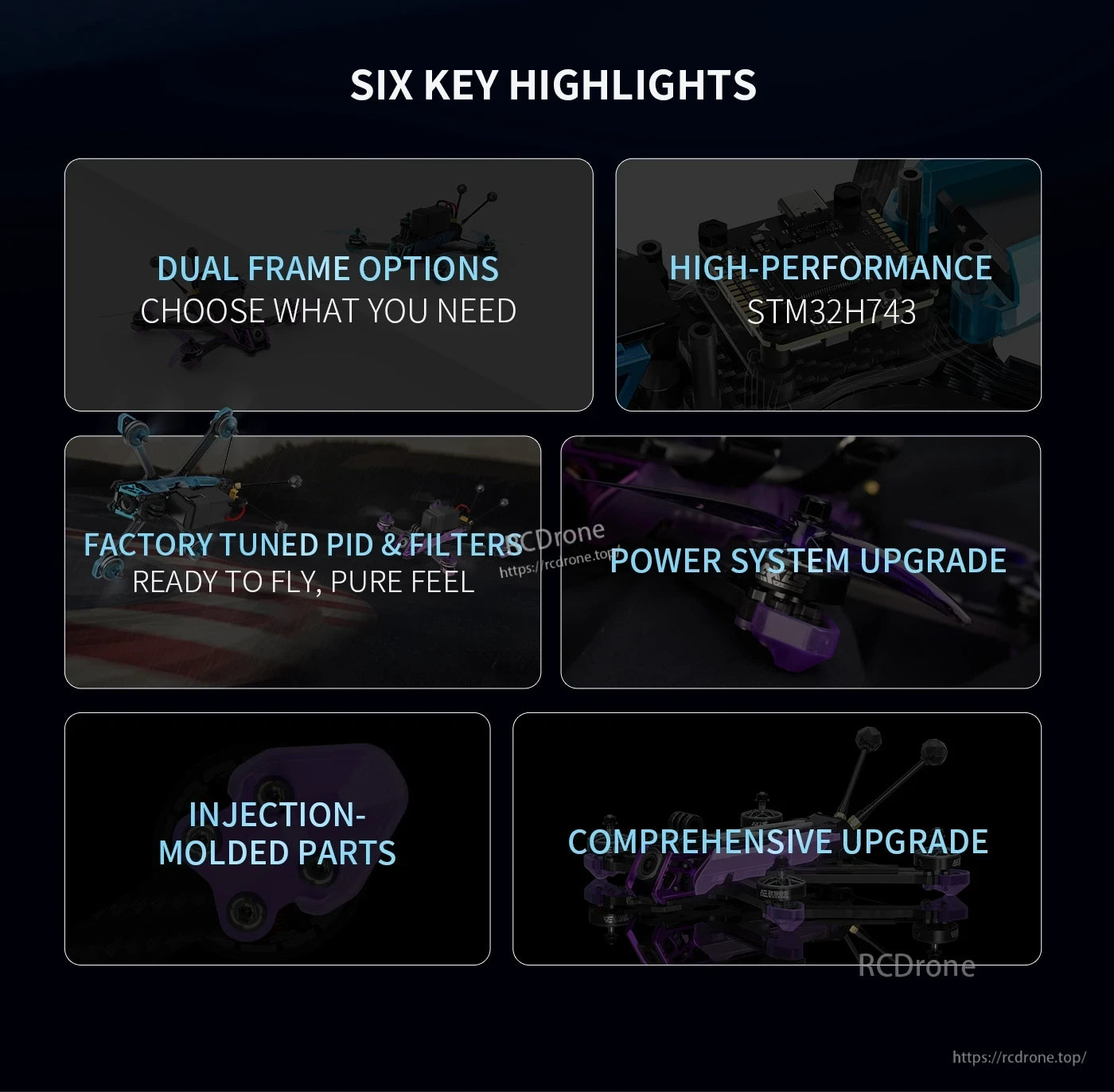 Axisflying Manta 5 SE V2 DeadCat-DC FPV, Axisflying Manta 5 SE V2 DeadCat FPV drone promo graphic listing dual frame options, STM32H743, tuned PID and upgrades