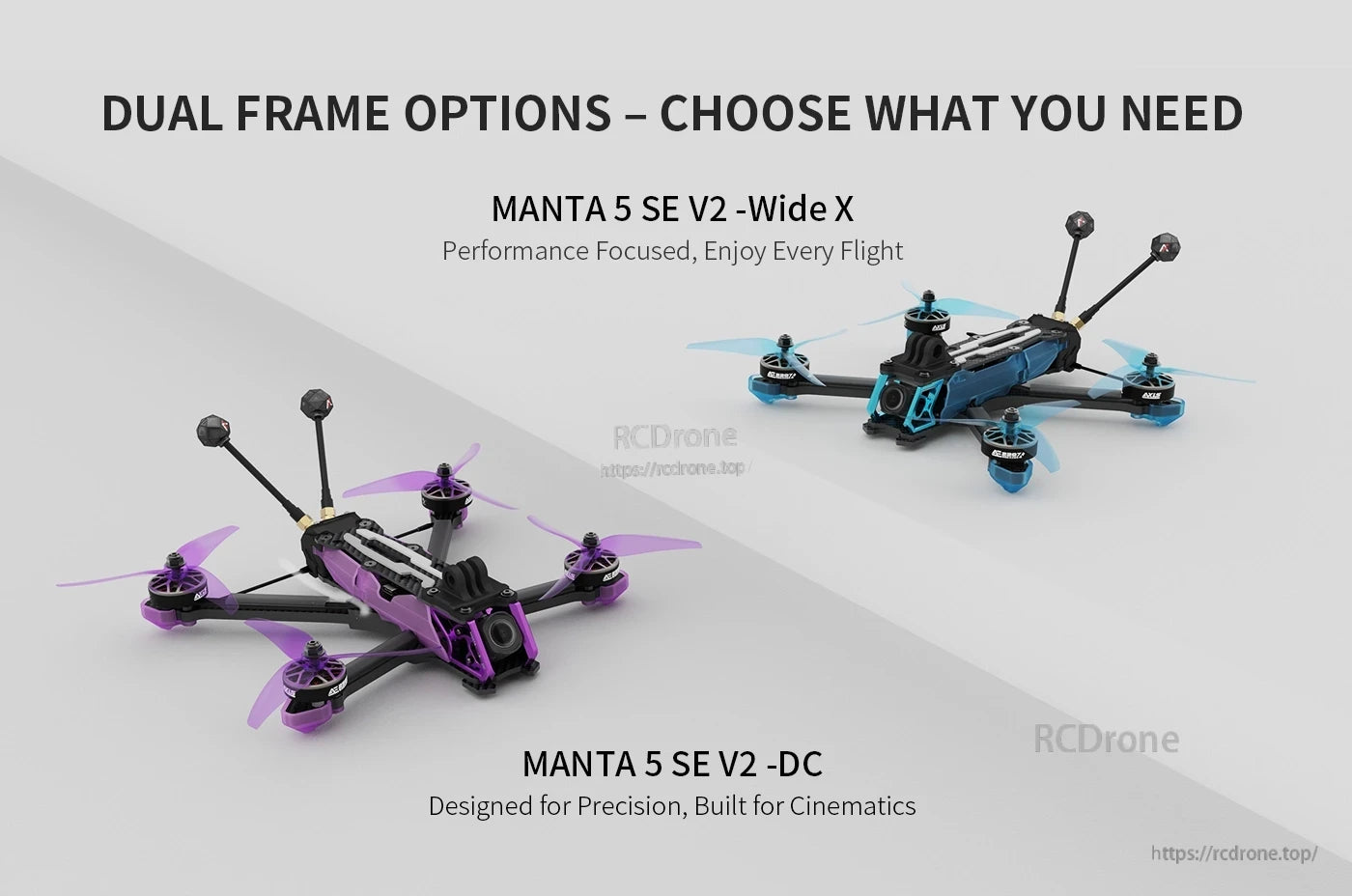 Axisflying Manta 5 SE V2 DeadCat-DC FPV, Axisflying Manta 5 SE V2 FPV quad shown in Wide X and DeadCat (DC) frame layout options with camera mount