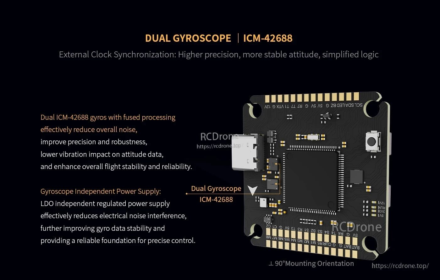 Axisflying Manta 5 SE V2 DeadCat-DC FPV, Axisflying Manta 5 SE V2 flight controller PCB with dual ICM-42688 gyros, USB-C port, and labeled solder pads