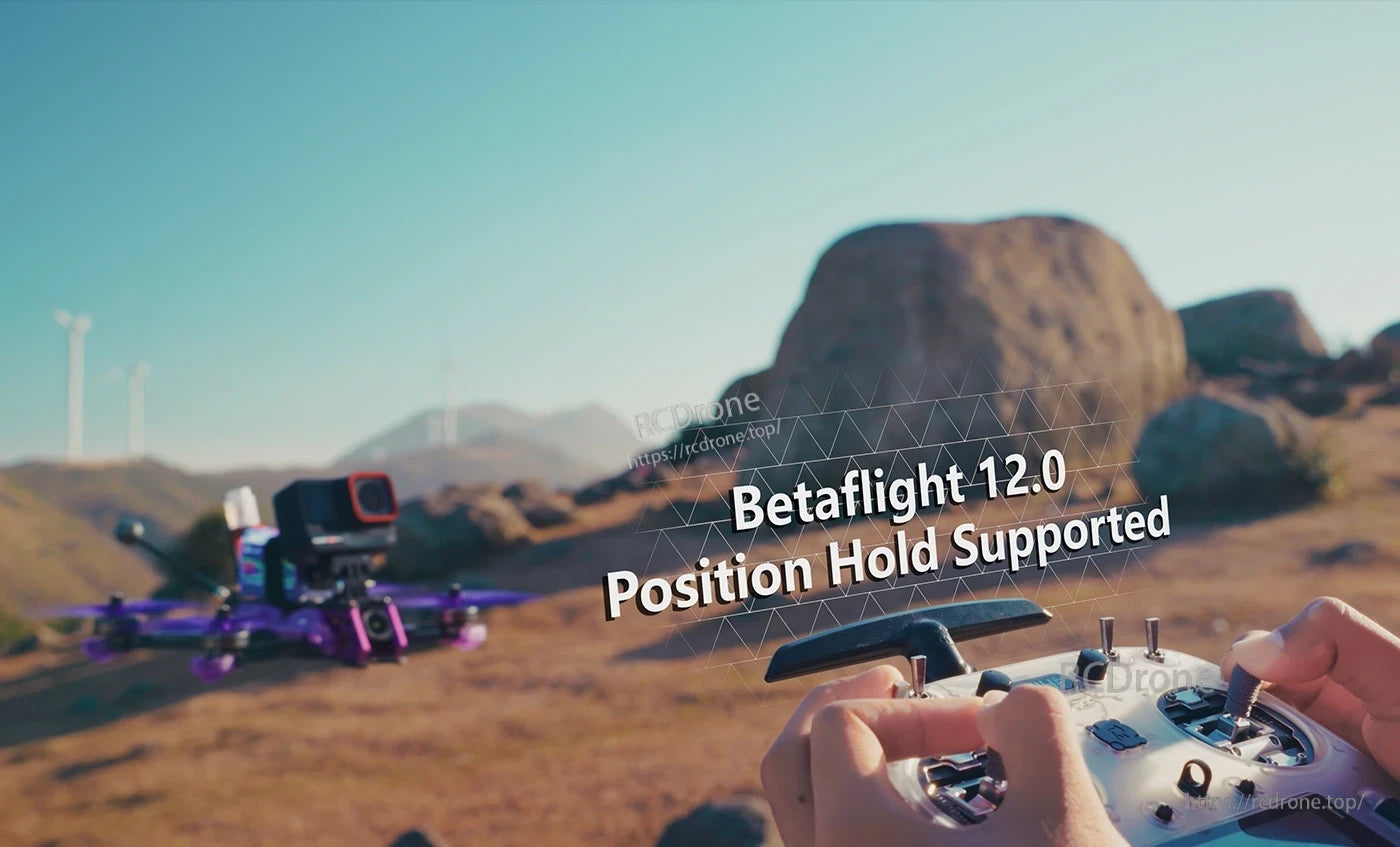 Axisflying Manta 5 SE V2 DeadCat-DC FPV, FPV quadcopter in flight with radio controller, with on-screen text reading “Betaflight 12.0 Position Hold Supported”