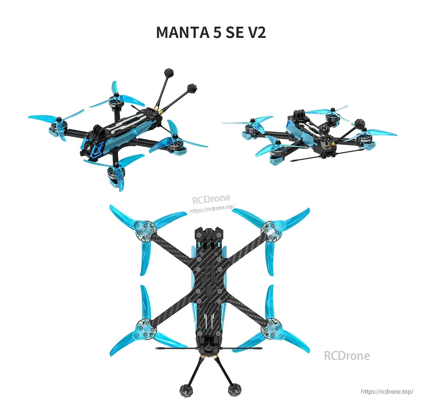 Axisflying Manta 5 SE V2 DeadCat-DC FPV, Axisflying Manta 5 SE V2 DeadCat FPV quadcopter with blue tri-blade props, carbon frame, and dual antennas