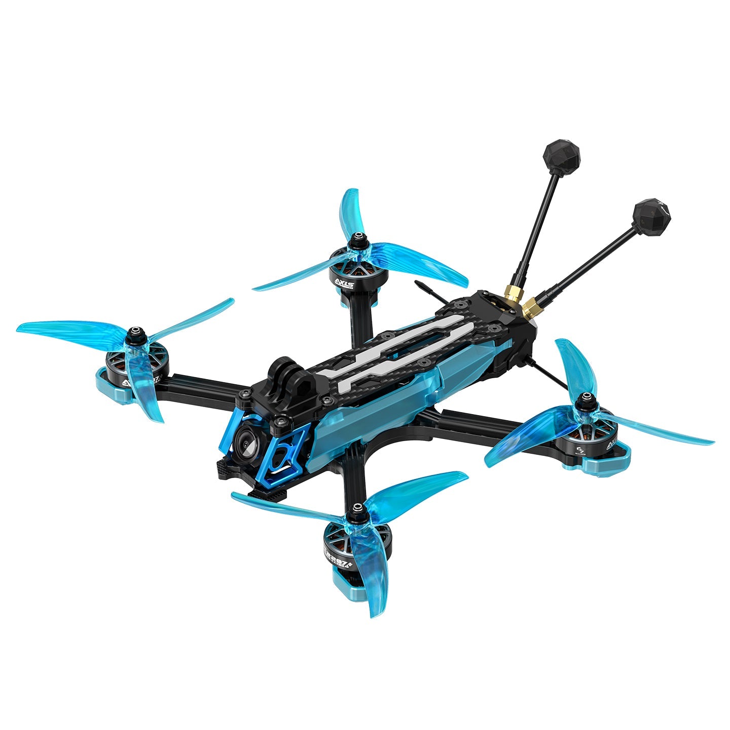 Axisflying Manta 5 SE V2 squished X FPV drone with blue tri-blade props, front camera, and dual rear antennas