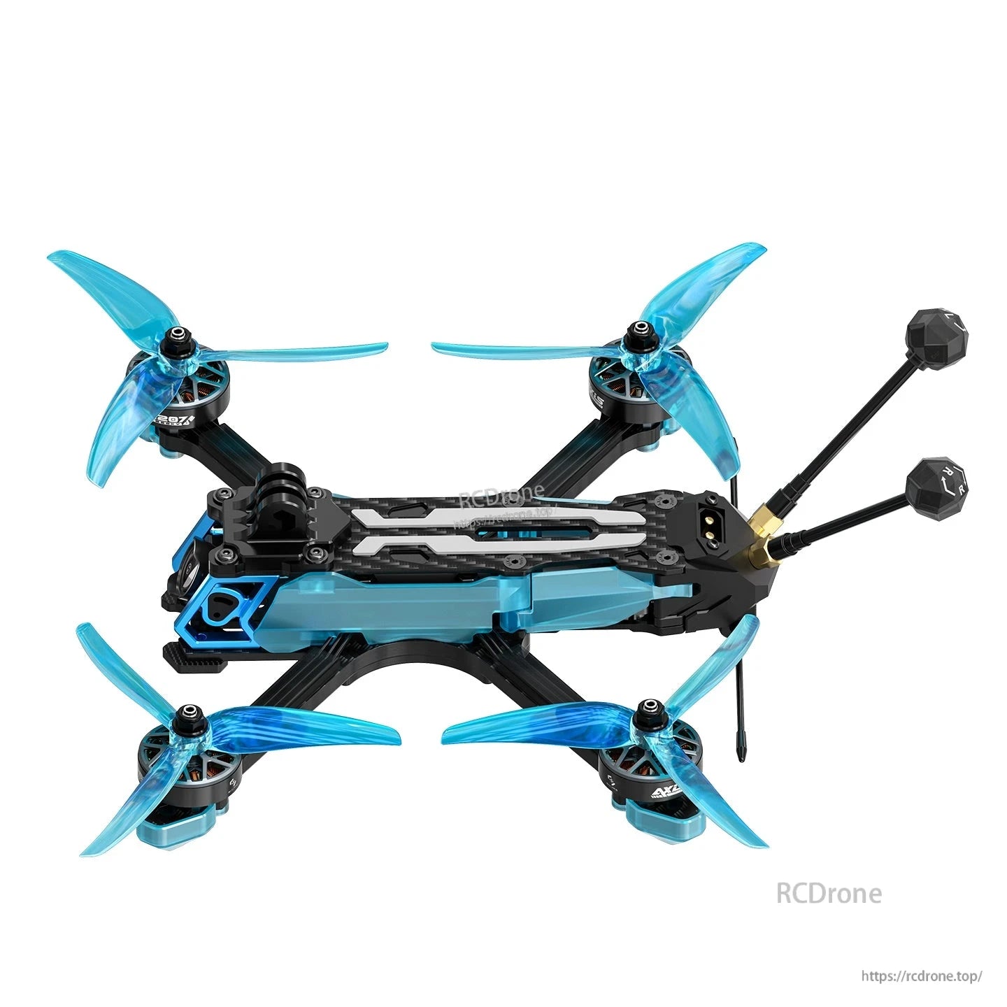 Axisflying Manta 5 SE V2 squished X FPV drone with blue tri-blade props, compact frame, and dual antennas
