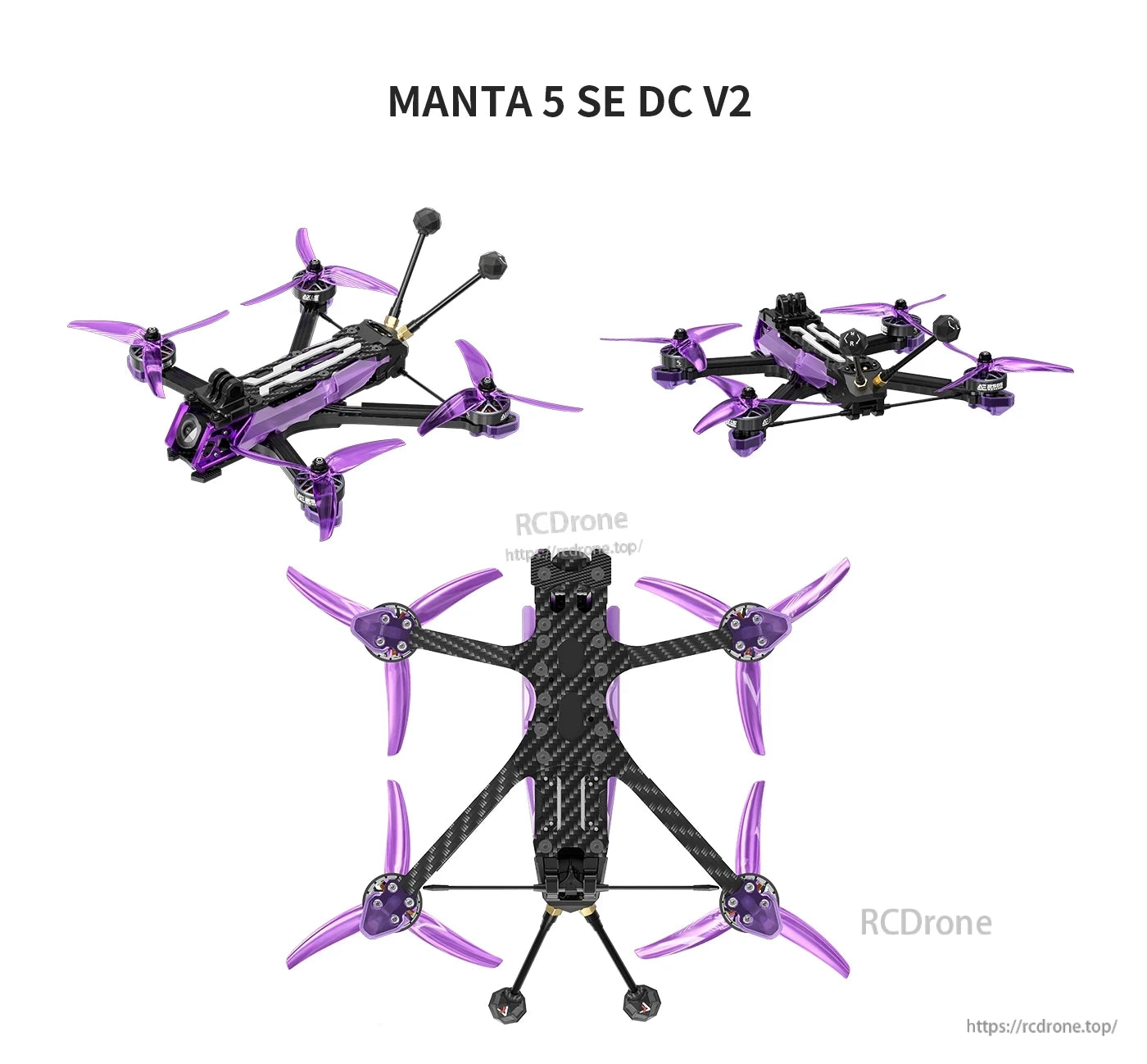 Axisflying Manta 5 SE DC V2 squished X FPV drone with carbon fiber frame, purple props and dual antennas