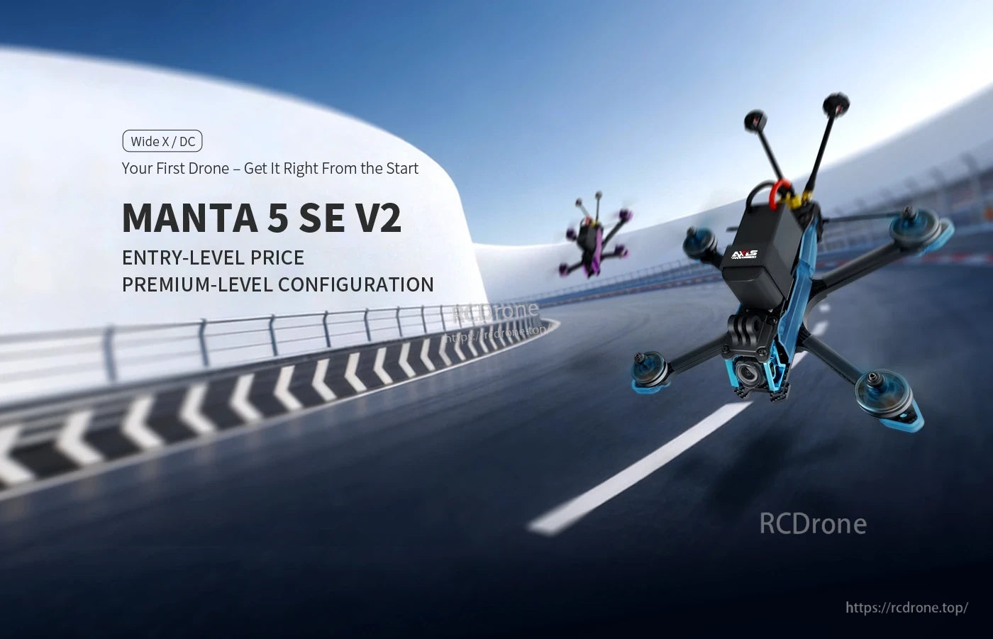 Axisflying Manta 5 SE V2 squished X FPV drone with front camera and dual antennas flying over a racetrack