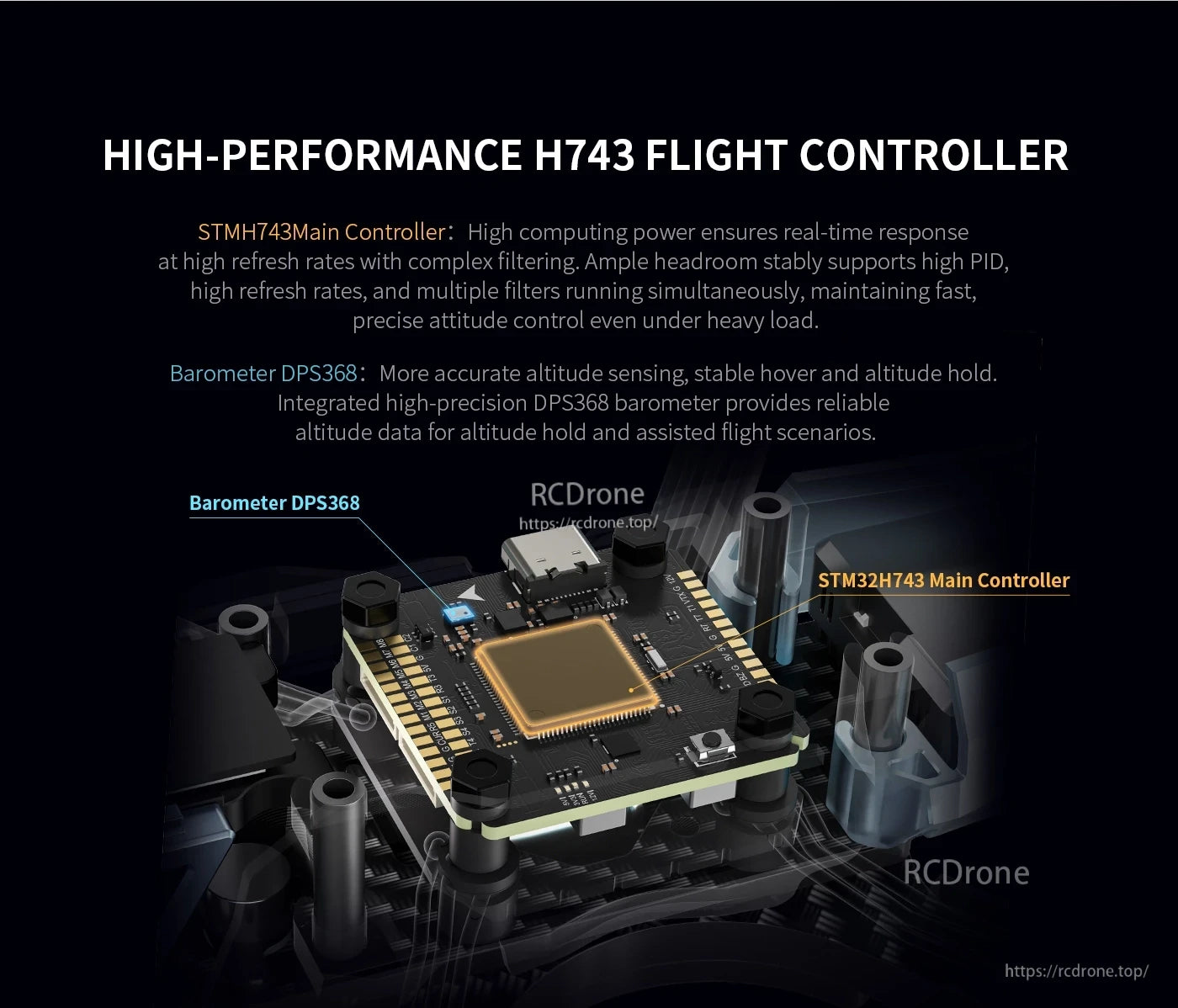 Axisflying Manta 5 SE V2 H743 flight controller board with STM32H743 main controller and DPS368 barometer