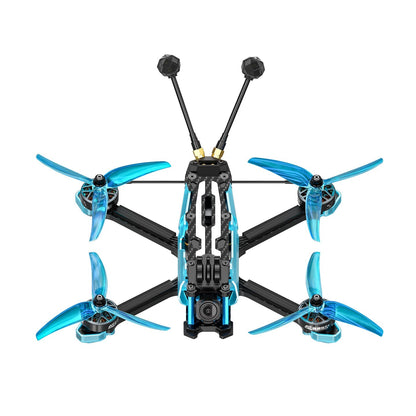 Top view of Axisflying Manta 5 SE V2 squished X FPV drone with blue props, front camera, and dual antennas
