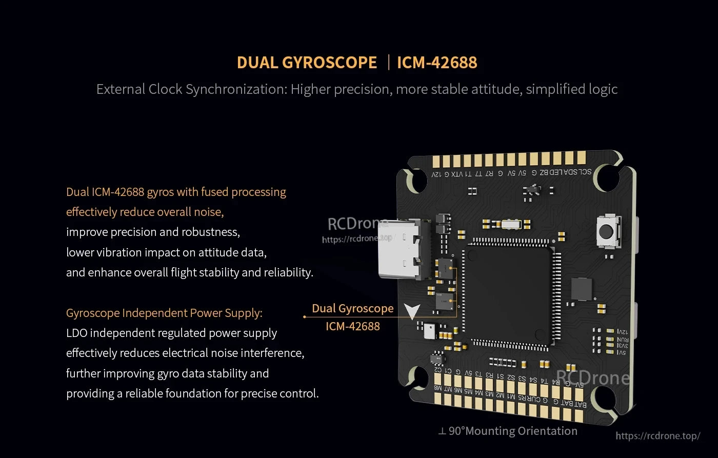 Axisflying Manta 5 SE V2 flight controller board with dual ICM-42688 gyroscopes and 90° mounting orientation