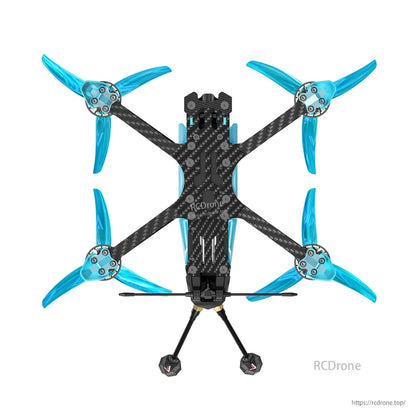 Top-down view of Axisflying Manta 5 SE V2 squished X carbon fiber FPV drone with blue tri-blade props