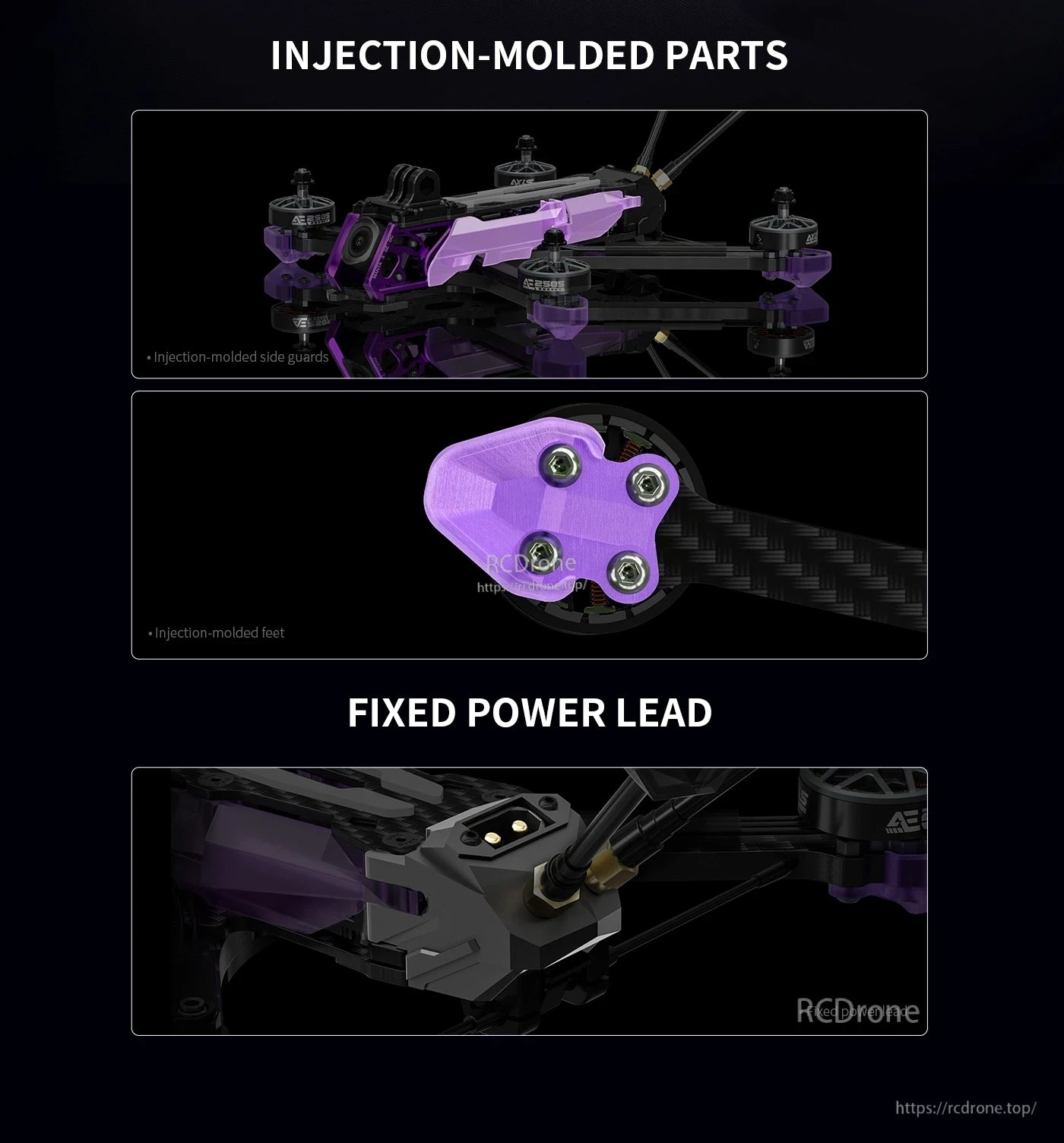 Axisflying Manta 5 SE V2 squished X FPV drone frame with purple injection-molded side guards, feet, and fixed power lead