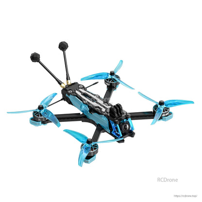 Axisflying Manta 5 SE V2 squished X FPV drone with blue propellers, front FPV camera, and dual antennas