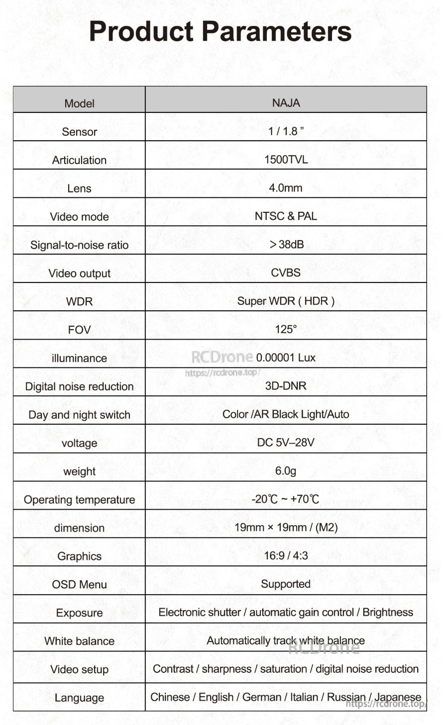 Axisflying NAJA 1500TVL FPV Camera, The Axis Flying NAJA camera features a 1/1.8 inch sensor, 4.0mm lens, and 1500 TVL resolution with NTSC & PAL modes.