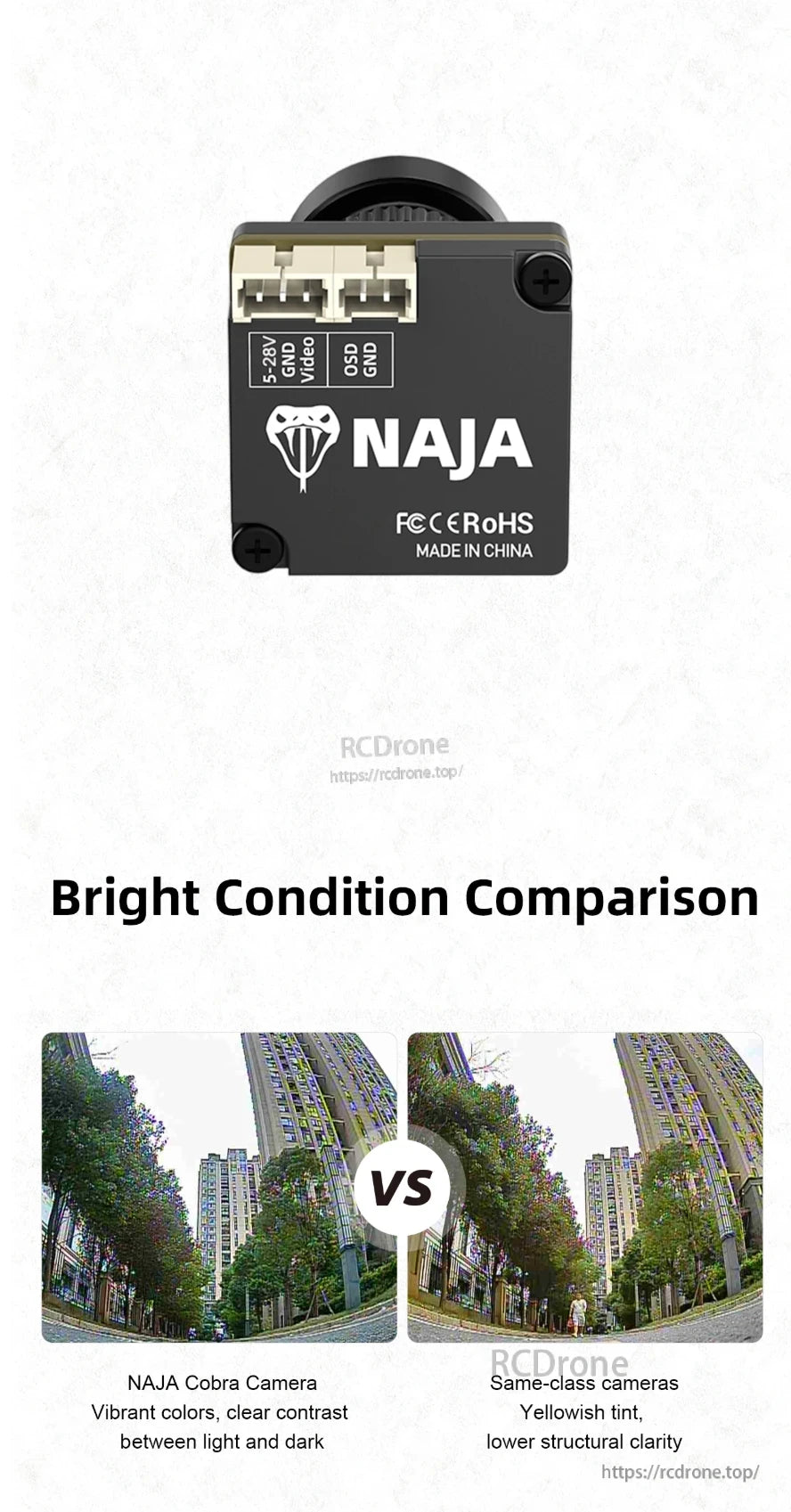 The Axisflying Naja 1500TVL FPV camera provides vivid images with bright conditions, vibrant colors, clear contrast, and no yellowish tint.
