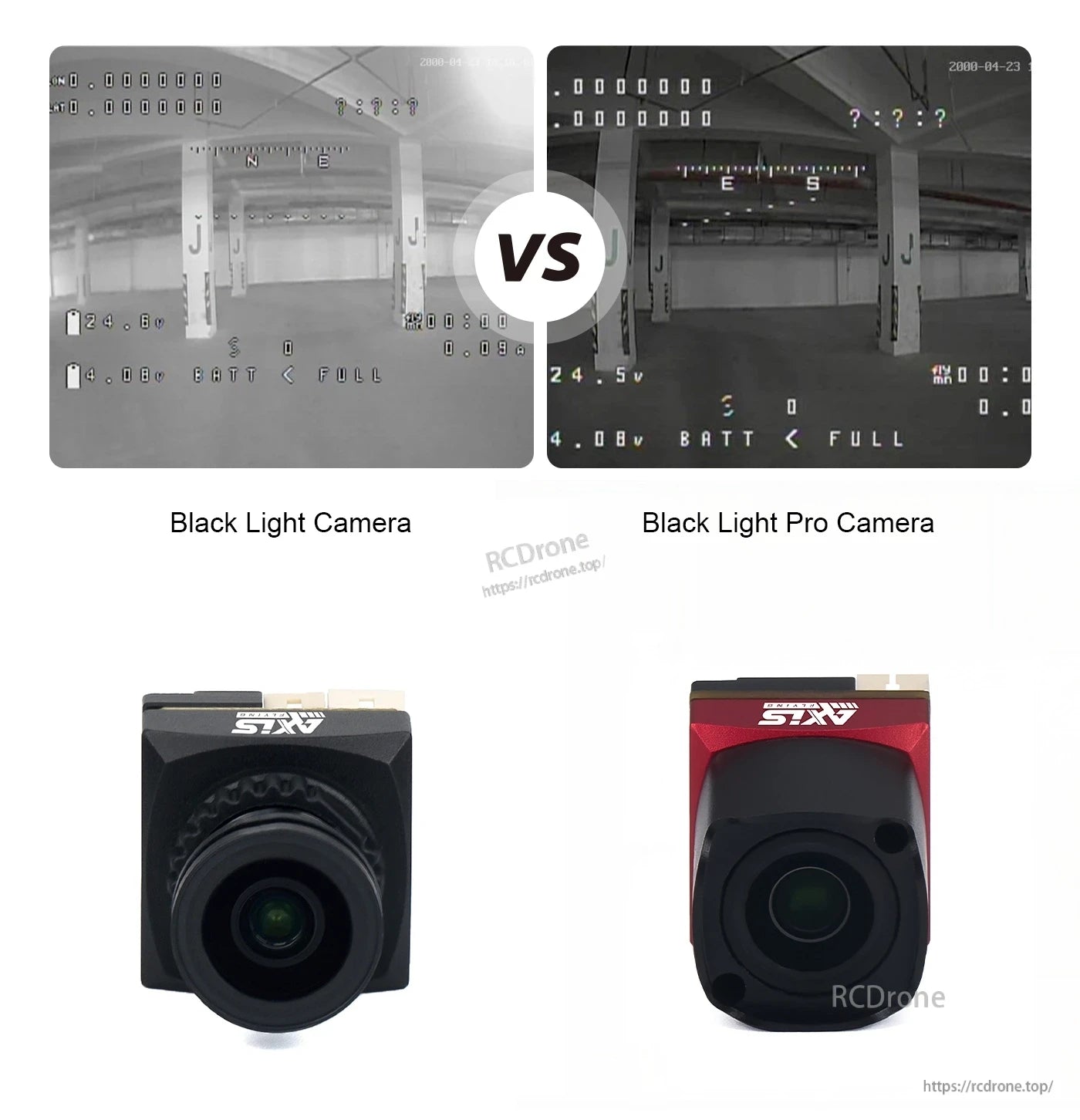 Axisflying OWL Black Light Pro FPV Camera, Black Light Pro offers better image quality, longer battery life, and enhanced design compared to Black Light, with Axisflying branding shown.