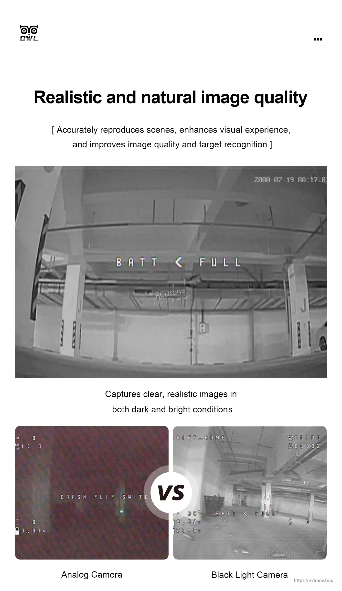 Axisflying OWL Black Light Pro FPV Camera, The Black Light Camera delivers clear, realistic images in all lighting, surpassing analog models with superior detail, accurate scene reproduction, and on-screen text including battery status, timestamps, and OWL logo.