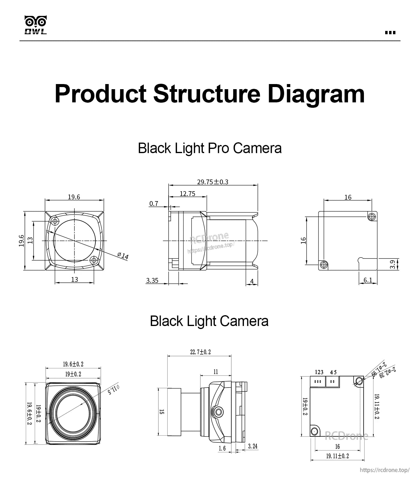 Axisflying OWL Black Light Pro FPV Camera, Black Light Pro and Black Light camera structure with dimensions and specs for both models.