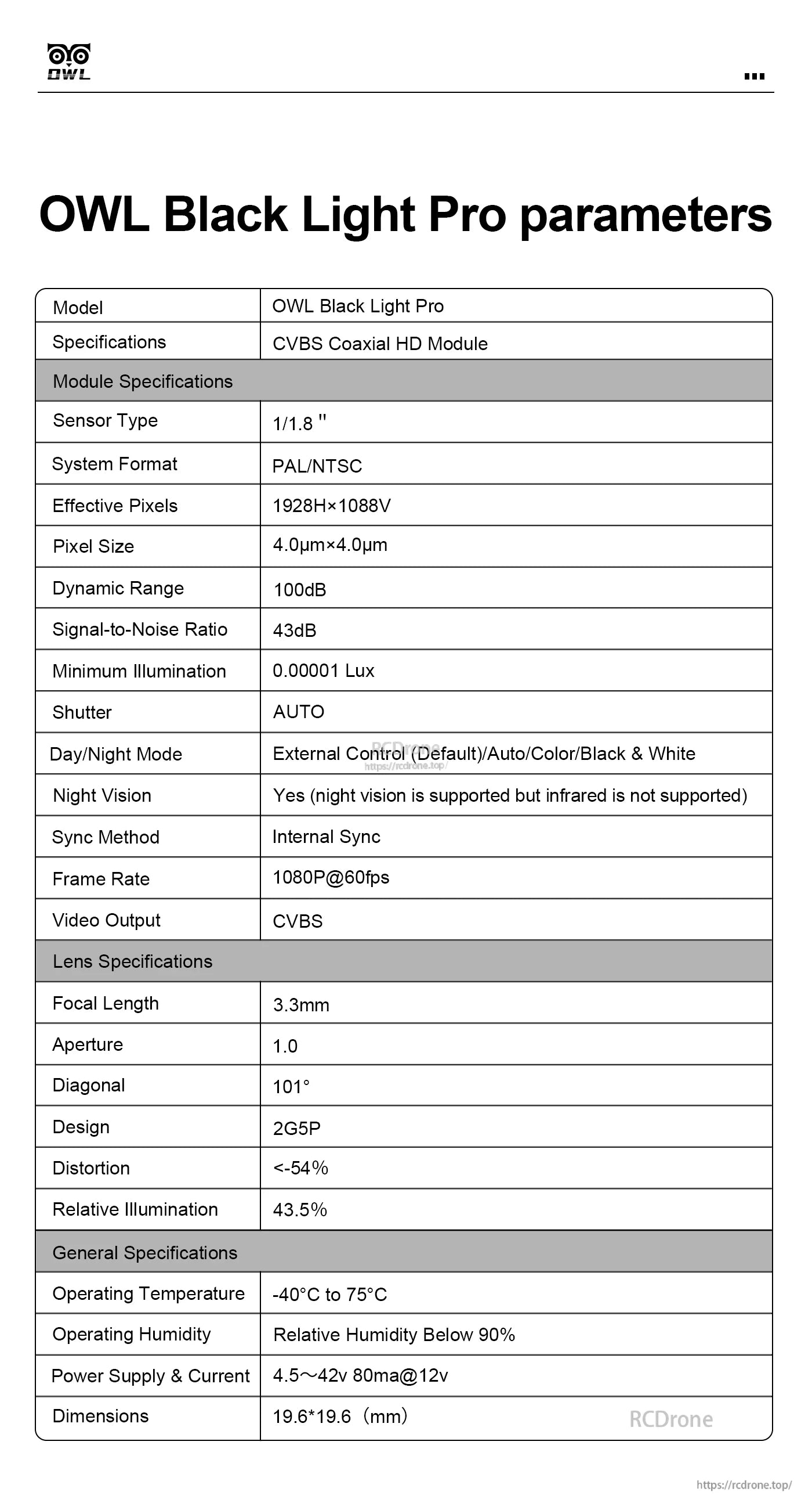 Axisflying OWL Black Light Pro FPV Camera, OWL Black Light Pro: 1080P@60fps HD module with 1/1.8" sensor, auto shutter, night vision (no IR), 3.3mm lens, -40°C to 75°C operation.