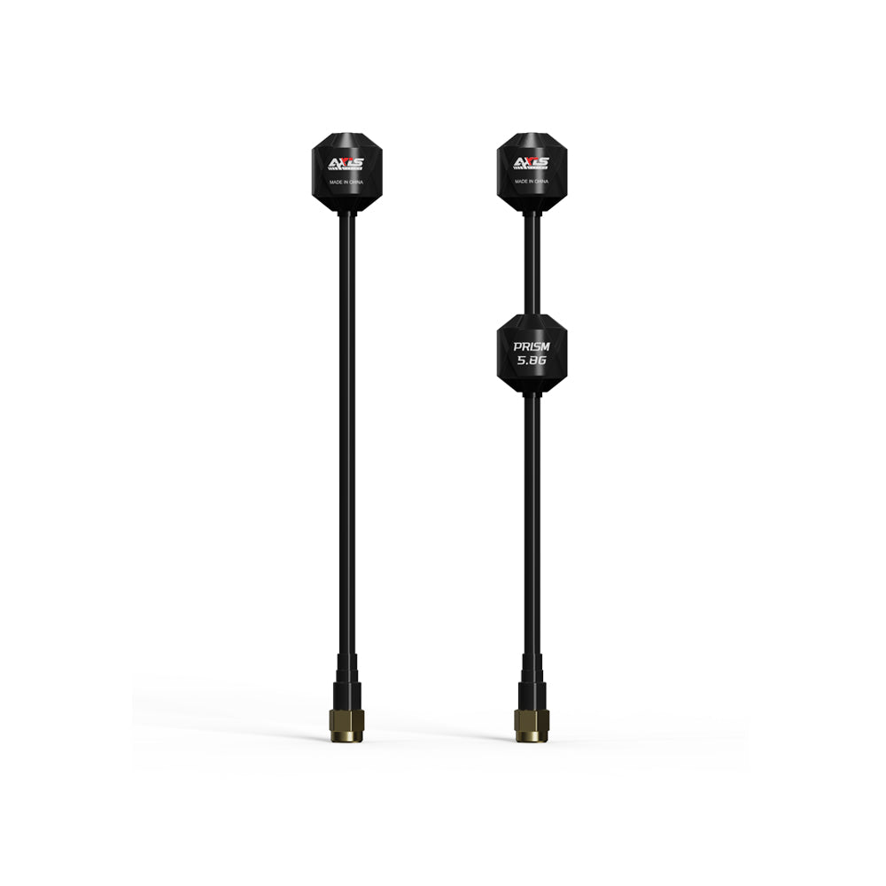 Axisflying RHCP 5.8G Prism FPV Antenna, Axisflying Prism 5.8G FPV antenna with black coax lead, prism-shaped housing, and gold connector