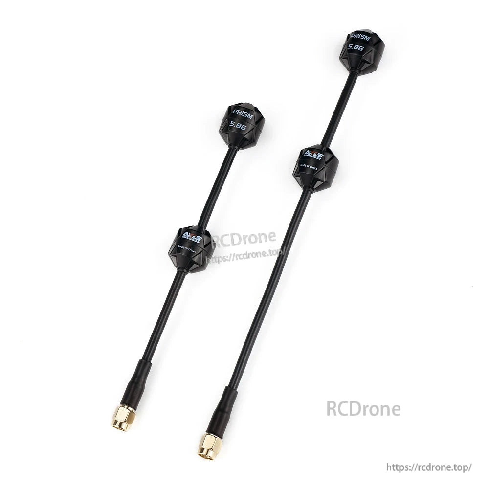Axisflying RHCP 5.8G Prism FPV Antenna, Axisflying Prism 5.8G RHCP FPV antenna with long black coax lead, Prism 5.8G housing, and gold connector