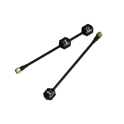 Axisflying RHCP 5.8G Prism FPV Antenna, Axisflying Prism 5.8G RHCP FPV antenna with coax pigtail and SMA connector, shown in two lead lengths