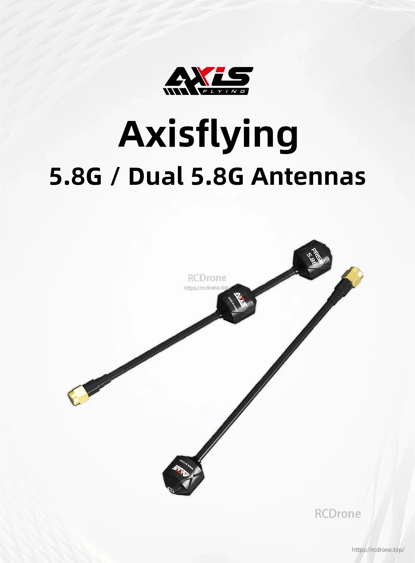 Axisflying RHCP 5.8G Prism FPV Antenna, Axisflying 5.8GHz Prism FPV antenna set with compact prism heads, long coax cables, and gold SMA connectors